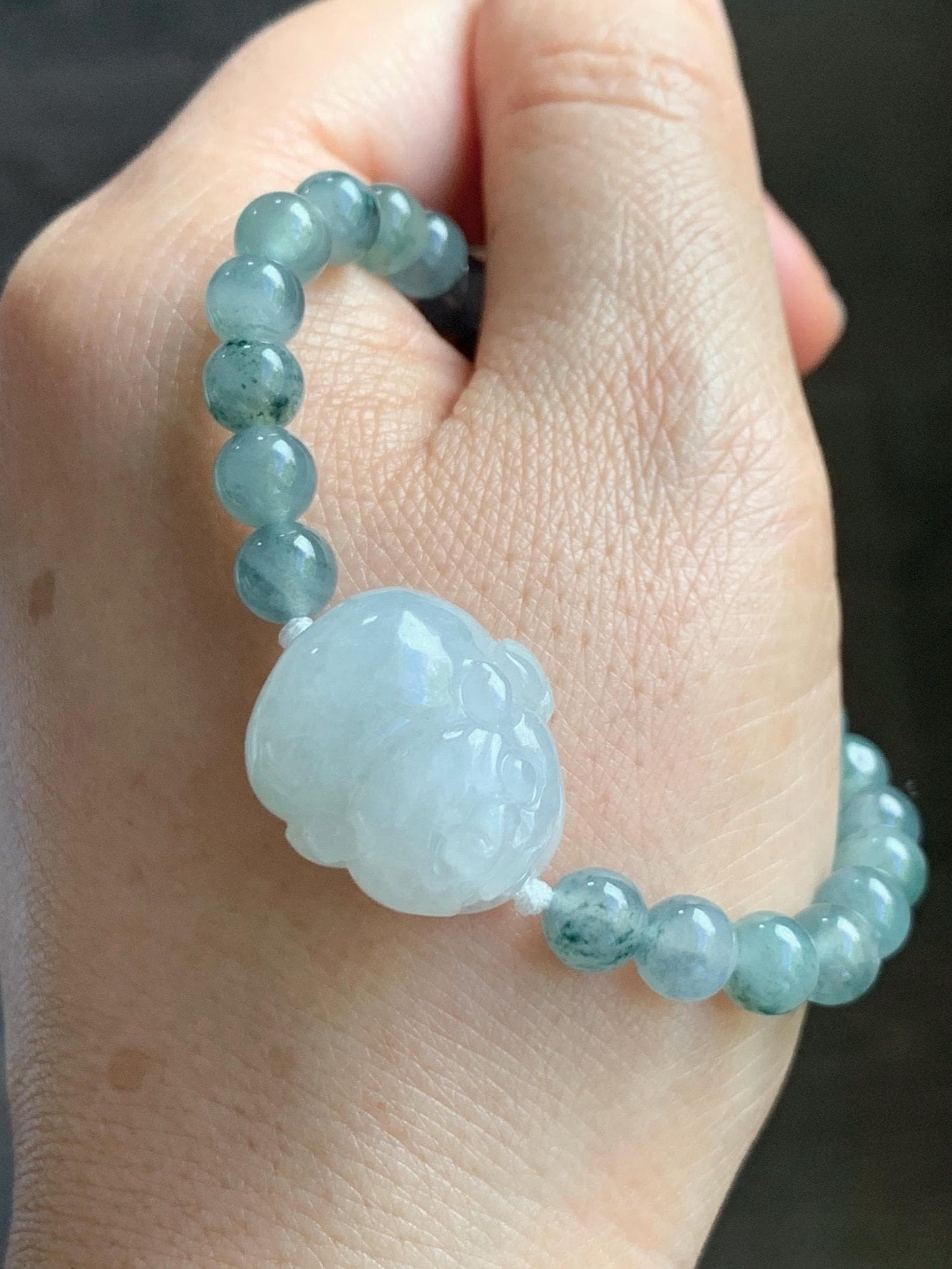 Natural Grade A Icy Translucent Pastel Green Jade Jadeite Carved Three-legged Toad Beaded Bracelet 6.5” 18g 天然糯冰淡绿底翡翠肥三脚金蟾手串 BSJ216