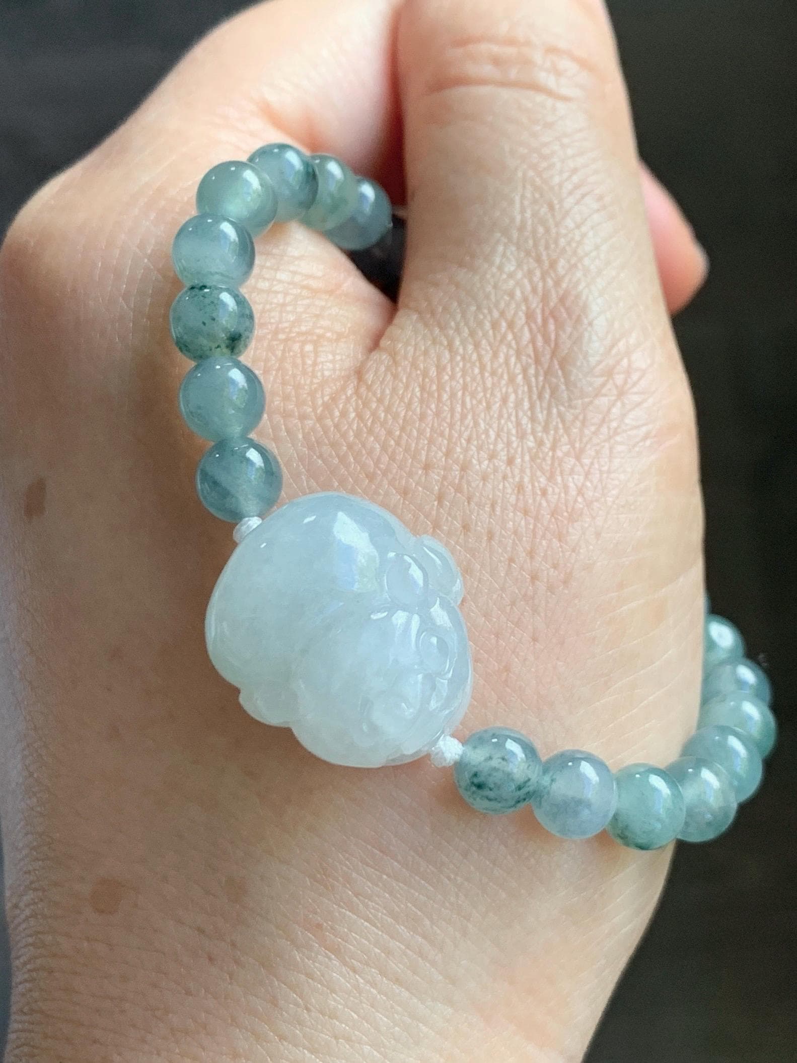 Natural Grade A Icy Translucent Pastel Green Jade Jadeite Carved Three-legged Toad Beaded Bracelet 6.5” 18g 天然糯冰淡绿底翡翠肥三脚金蟾手串 BSJ216