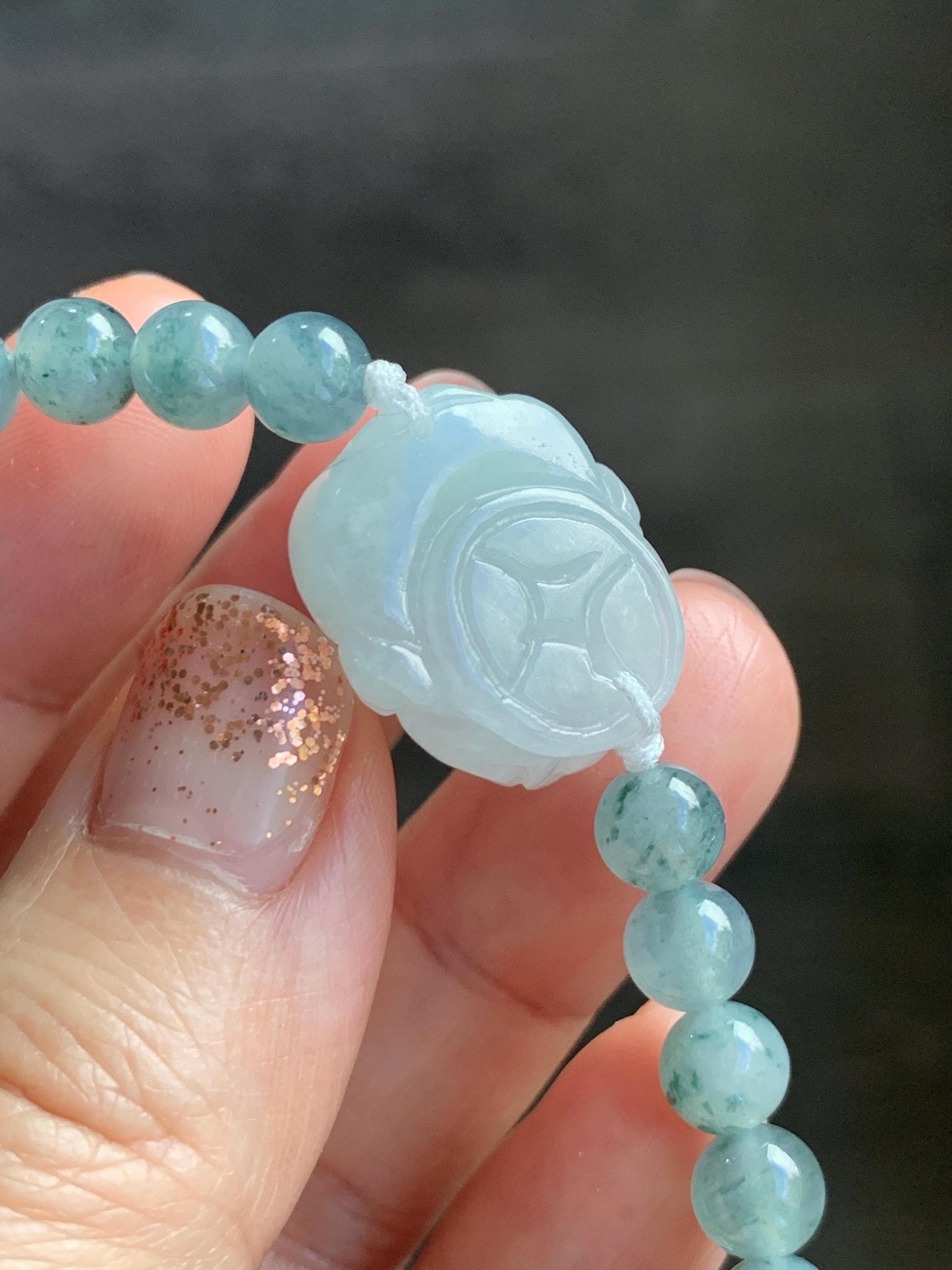 Natural Grade A Icy Translucent Pastel Green Jade Jadeite Carved Three-legged Toad Beaded Bracelet 6.5” 18g 天然糯冰淡绿底翡翠肥三脚金蟾手串 BSJ216