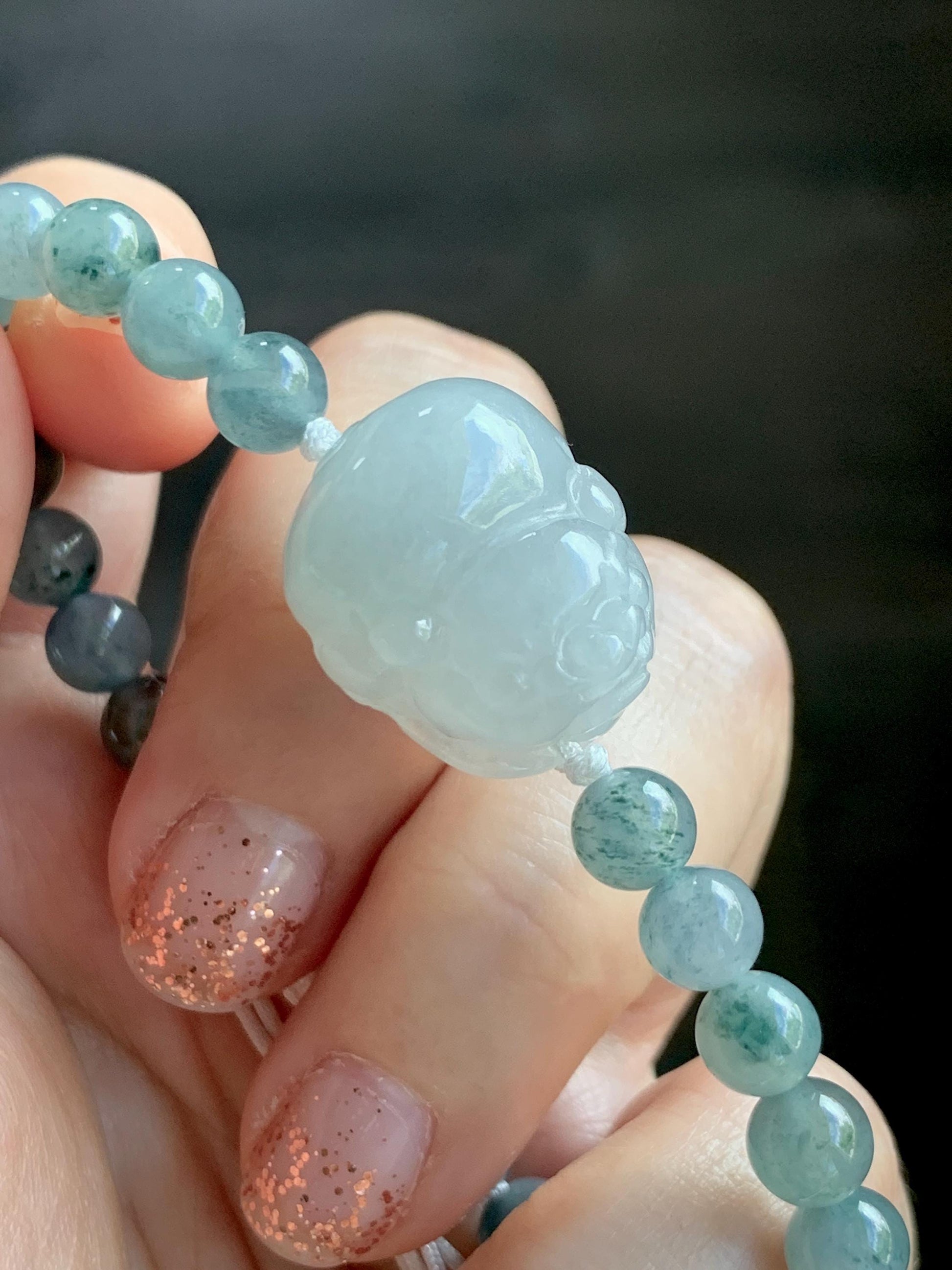 Natural Grade A Icy Translucent Pastel Green Jade Jadeite Carved Three-legged Toad Beaded Bracelet 6.5” 18g 天然糯冰淡绿底翡翠肥三脚金蟾手串 BSJ216