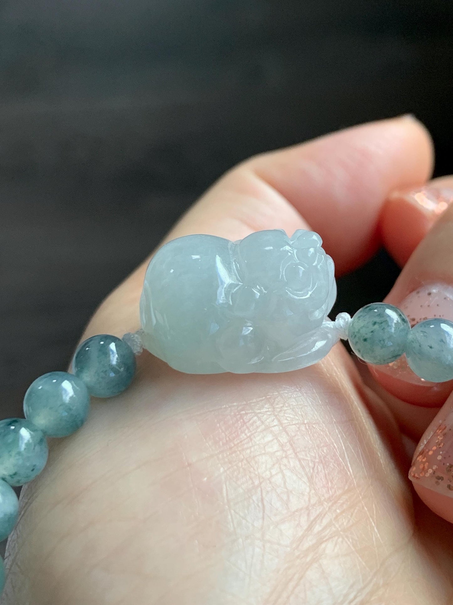 Natural Grade A Icy Translucent Pastel Green Jade Jadeite Carved Three-legged Toad Beaded Bracelet 6.5” 18g 天然糯冰淡绿底翡翠肥三脚金蟾手串 BSJ216