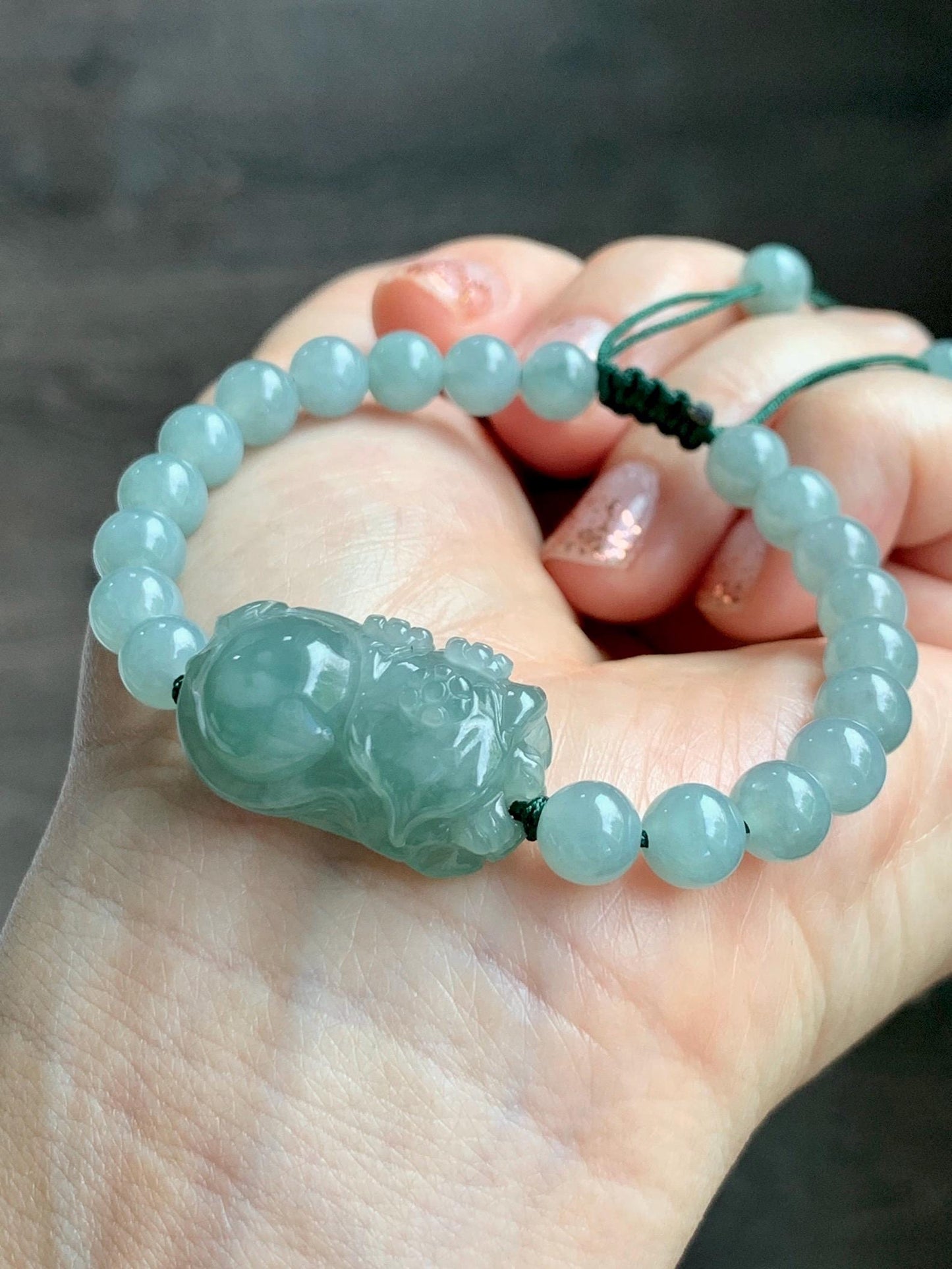 Natural Grade A Icy Translucent Gelatinous Dusty Green Jade Jadeite Carved Nine-Tailed Fox Beaded Bracelet 6.75" 天然冰胶蓝绿翡翠九尾狐淡绿翡翠圆珠手串 MJW362
