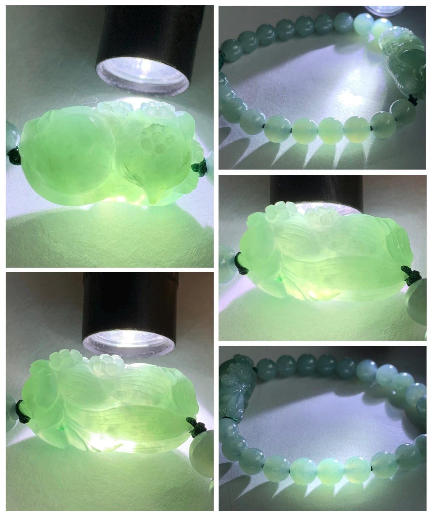 Natural Grade A Icy Translucent Gelatinous Dusty Green Jade Jadeite Carved Nine-Tailed Fox Beaded Bracelet 6.75" 天然冰胶蓝绿翡翠九尾狐淡绿翡翠圆珠手串 MJW362
