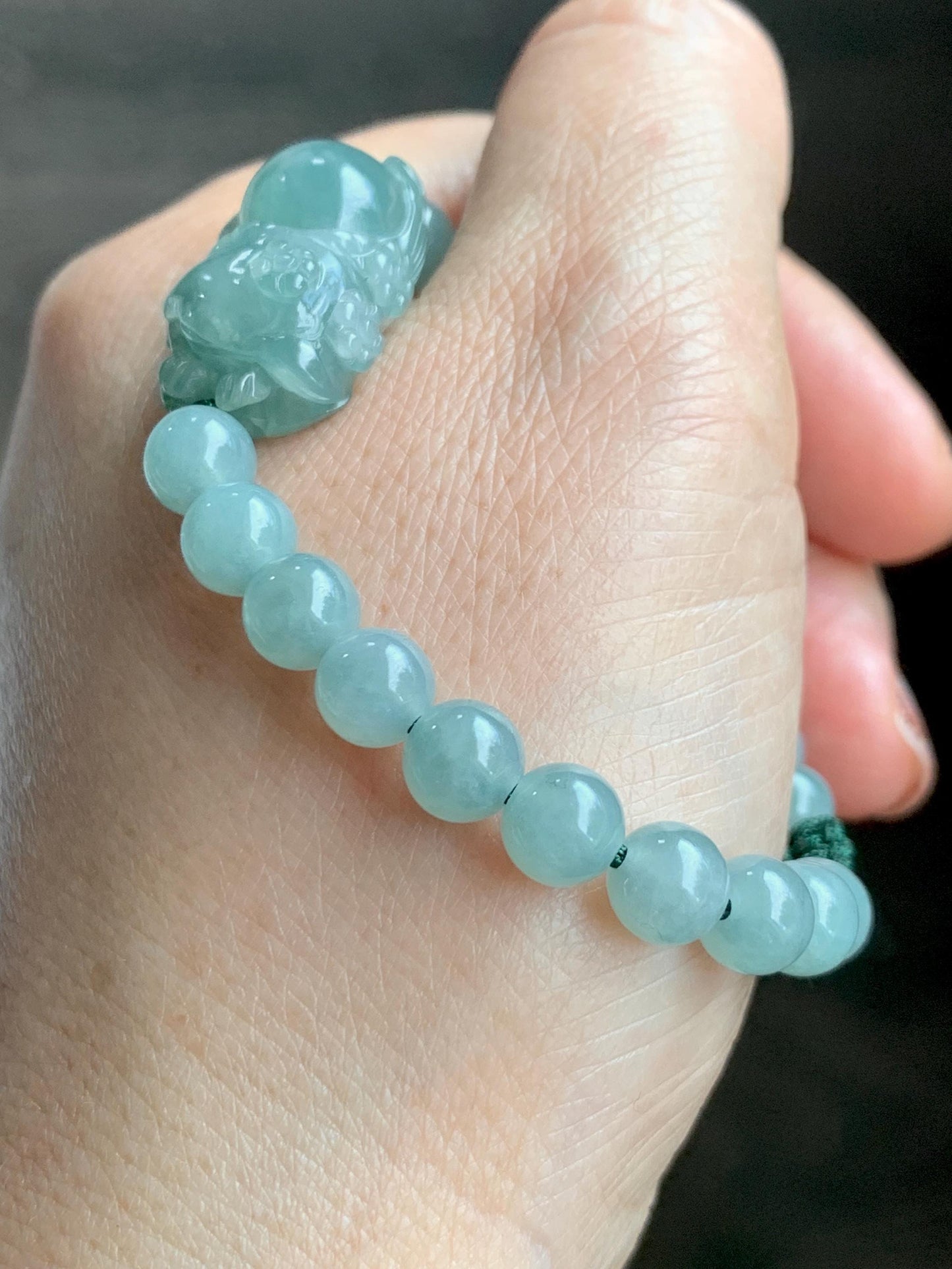 Natural Grade A Icy Translucent Gelatinous Dusty Green Jade Jadeite Carved Nine-Tailed Fox Beaded Bracelet 6.75" 天然冰胶蓝绿翡翠九尾狐淡绿翡翠圆珠手串 MJW362