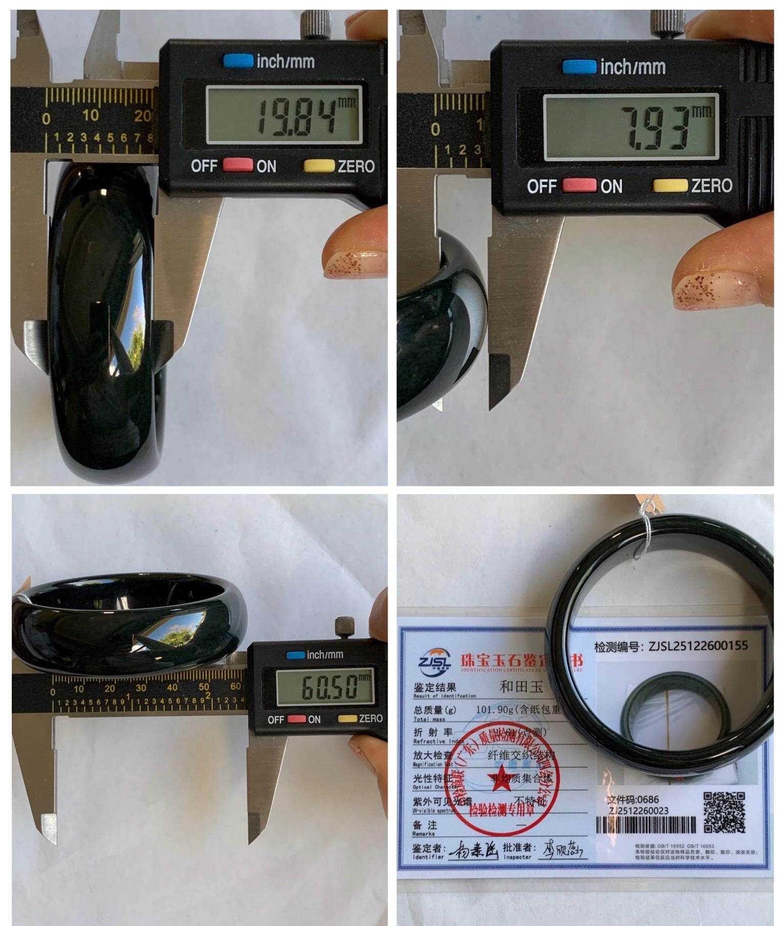 Certified Natural Nephrite Jade Opaque Black Wide Bangle Bracelet 60.5mm 7.5” 101g 天然和田玉墨玉轮胎宽手镯 155