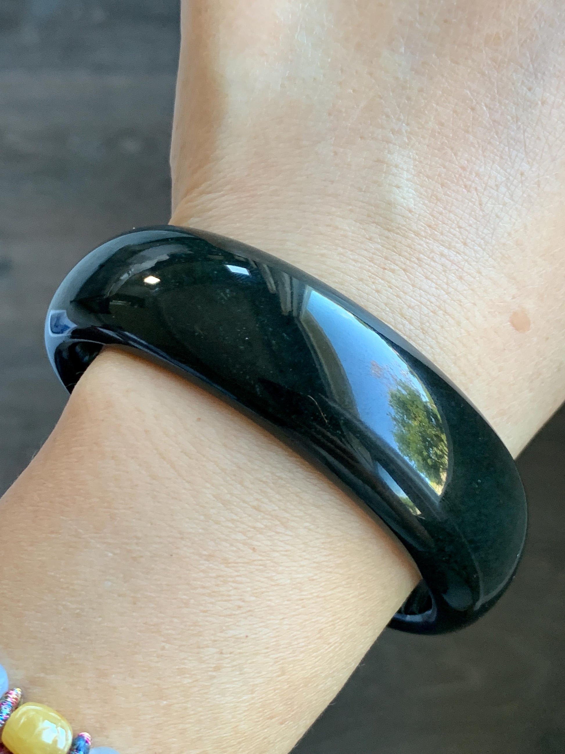 Certified Natural Nephrite Jade Opaque Black Wide Bangle Bracelet 60.5mm 7.5” 101g 天然和田玉墨玉轮胎宽手镯 155