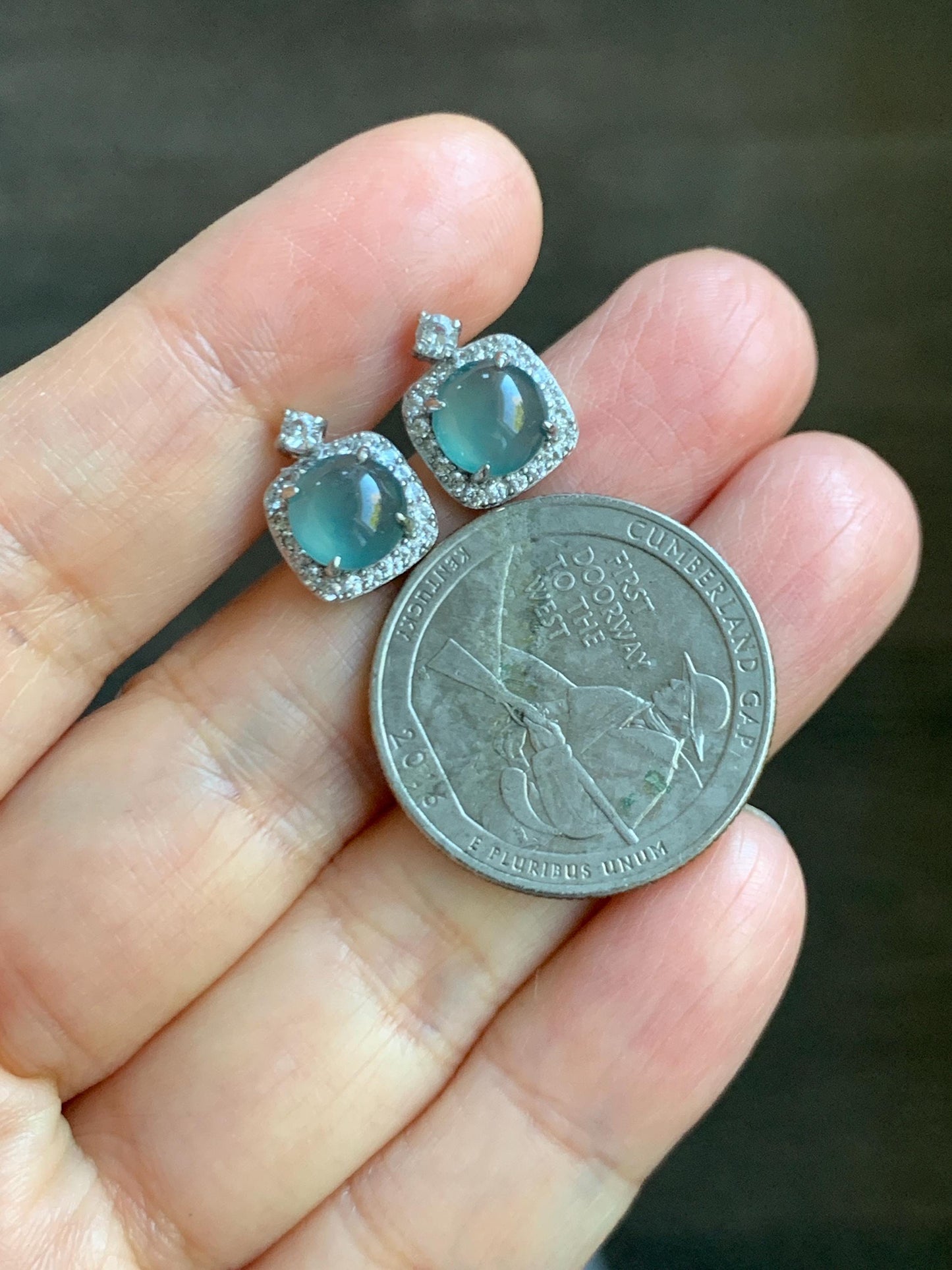 Natural Grade A Guatemalan Icy Highly Translucent Teal Blue Jade Jadeite Stud Earrings Sterling Silver 天然冰危蓝翡翠银镶耳钉 DLD78