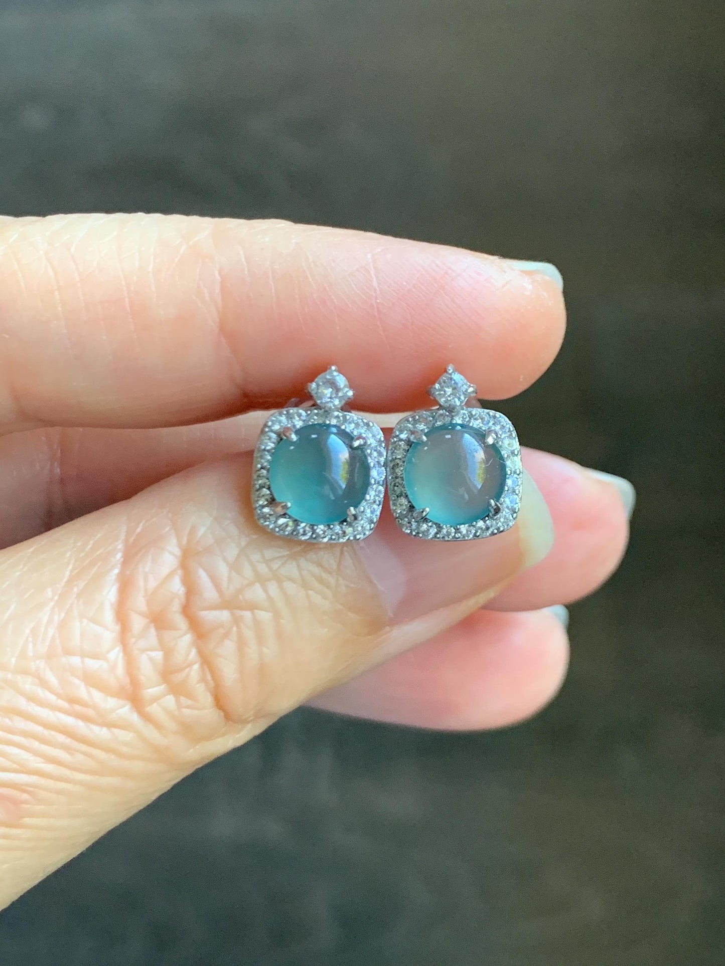 Natural Grade A Guatemalan Icy Highly Translucent Teal Blue Jade Jadeite Stud Earrings Sterling Silver 天然冰危蓝翡翠银镶耳钉 DLD78