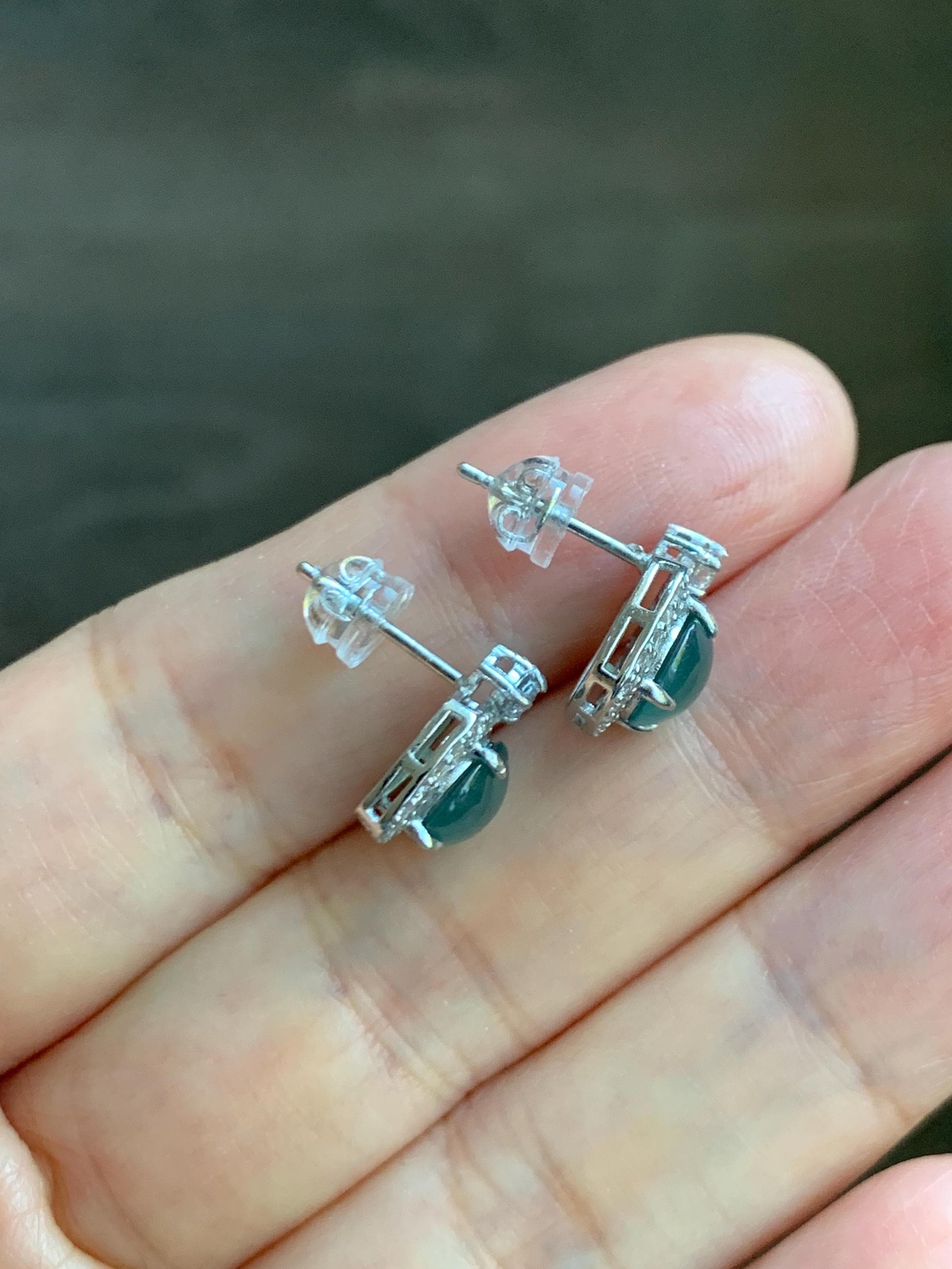 Natural Grade A Guatemalan Icy Highly Translucent Teal Blue Jade Jadeite Stud Earrings Sterling Silver 天然冰危蓝翡翠银镶耳钉 DLD78