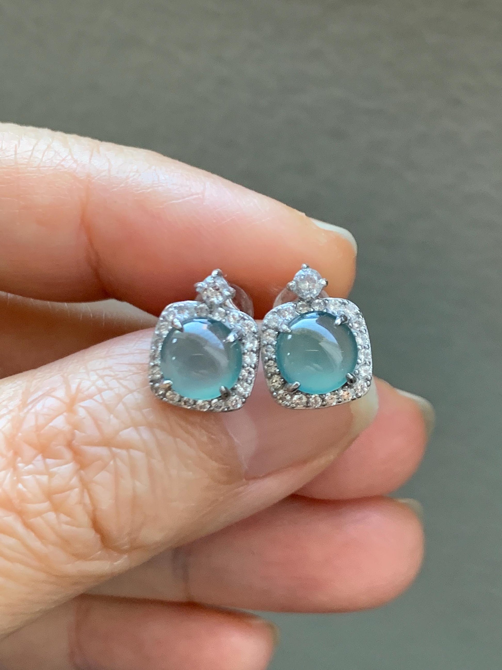 Natural Grade A Guatemalan Icy Highly Translucent Teal Blue Jade Jadeite Stud Earrings Sterling Silver 天然冰危蓝翡翠银镶耳钉 DLD78