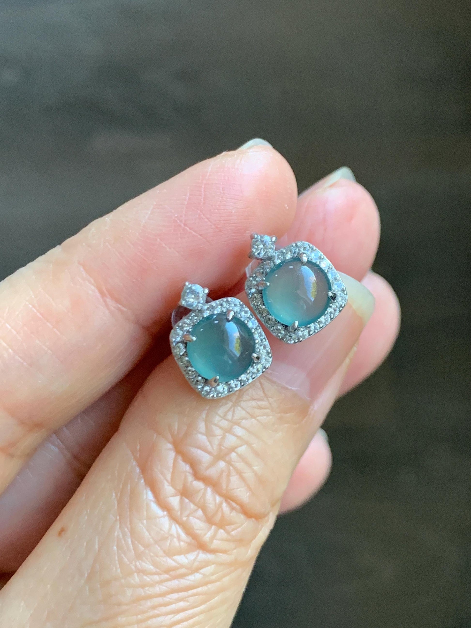 Natural Grade A Guatemalan Icy Highly Translucent Teal Blue Jade Jadeite Stud Earrings Sterling Silver 天然冰危蓝翡翠银镶耳钉 DLD78