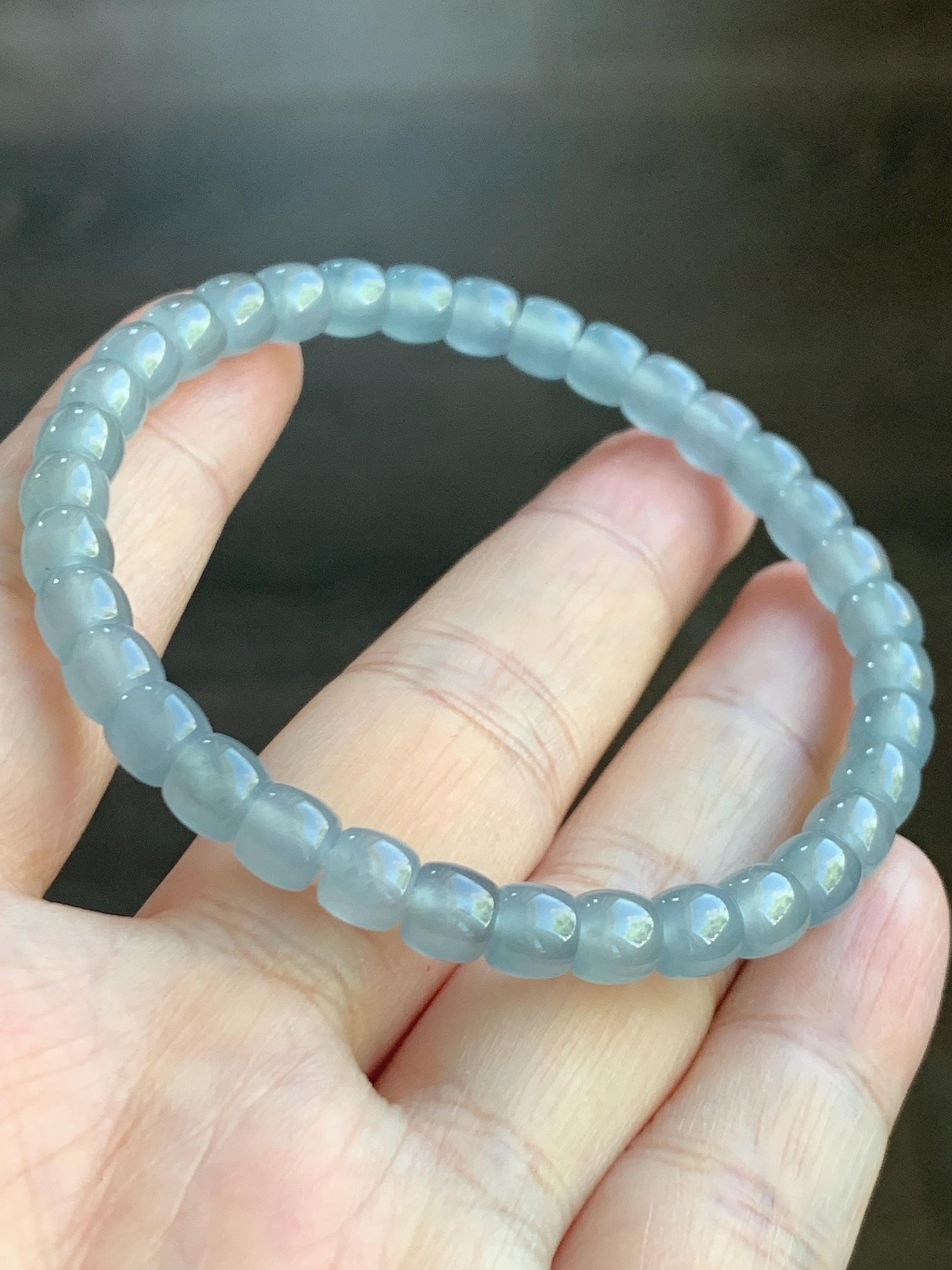 Natural Grade A Guatemalan Icy Highly Translucent Gelatinous Pastel Blue Jade Jadeite Barrel Beads Beaded Bracelet 7” 天然冰胶危浅蓝翡翠桶珠手串LXZ248