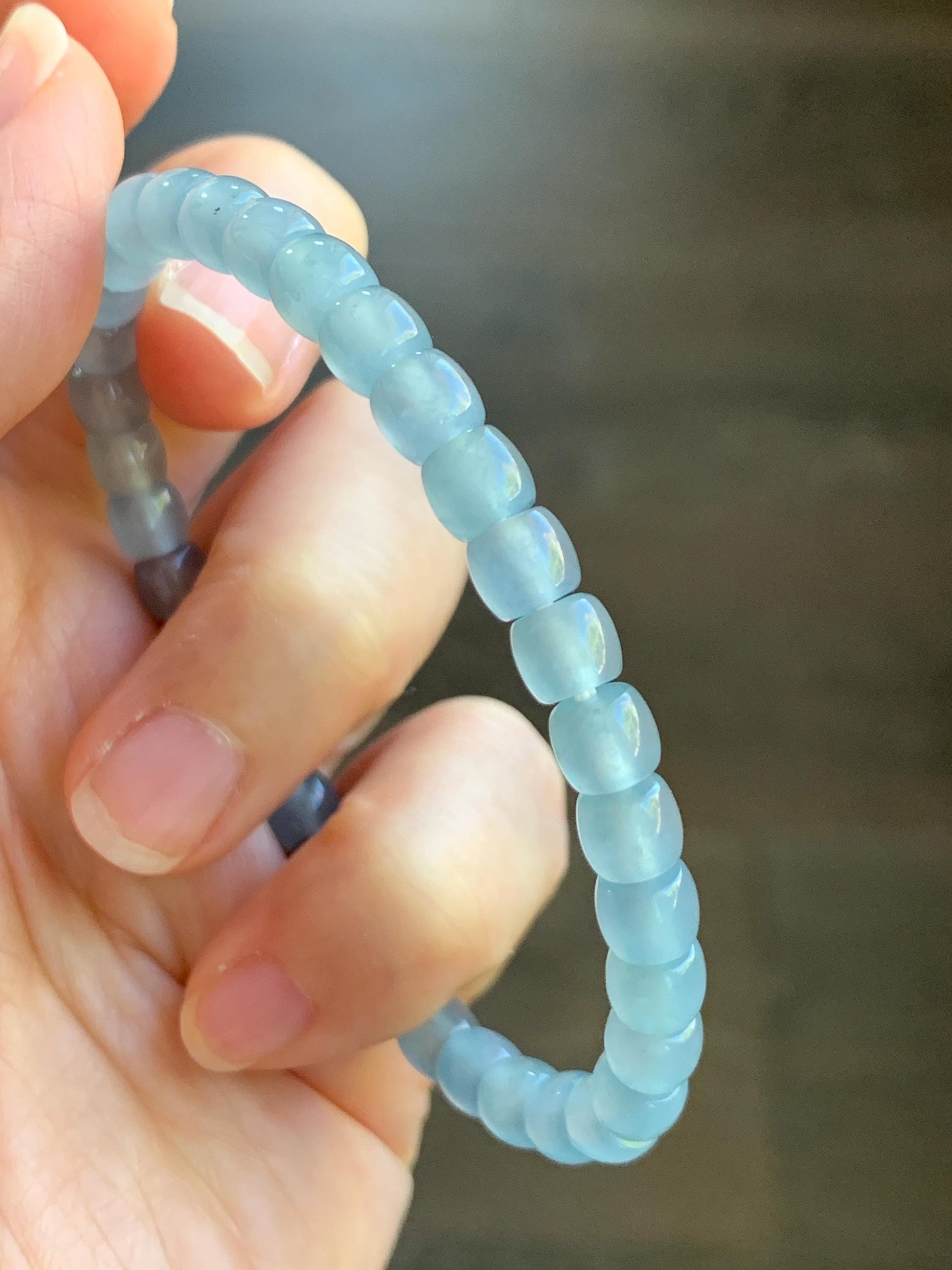 Natural Grade A Guatemalan Icy Highly Translucent Gelatinous Pastel Blue Jade Jadeite Barrel Beads Beaded Bracelet 7” 天然冰胶危浅蓝翡翠桶珠手串LXZ248