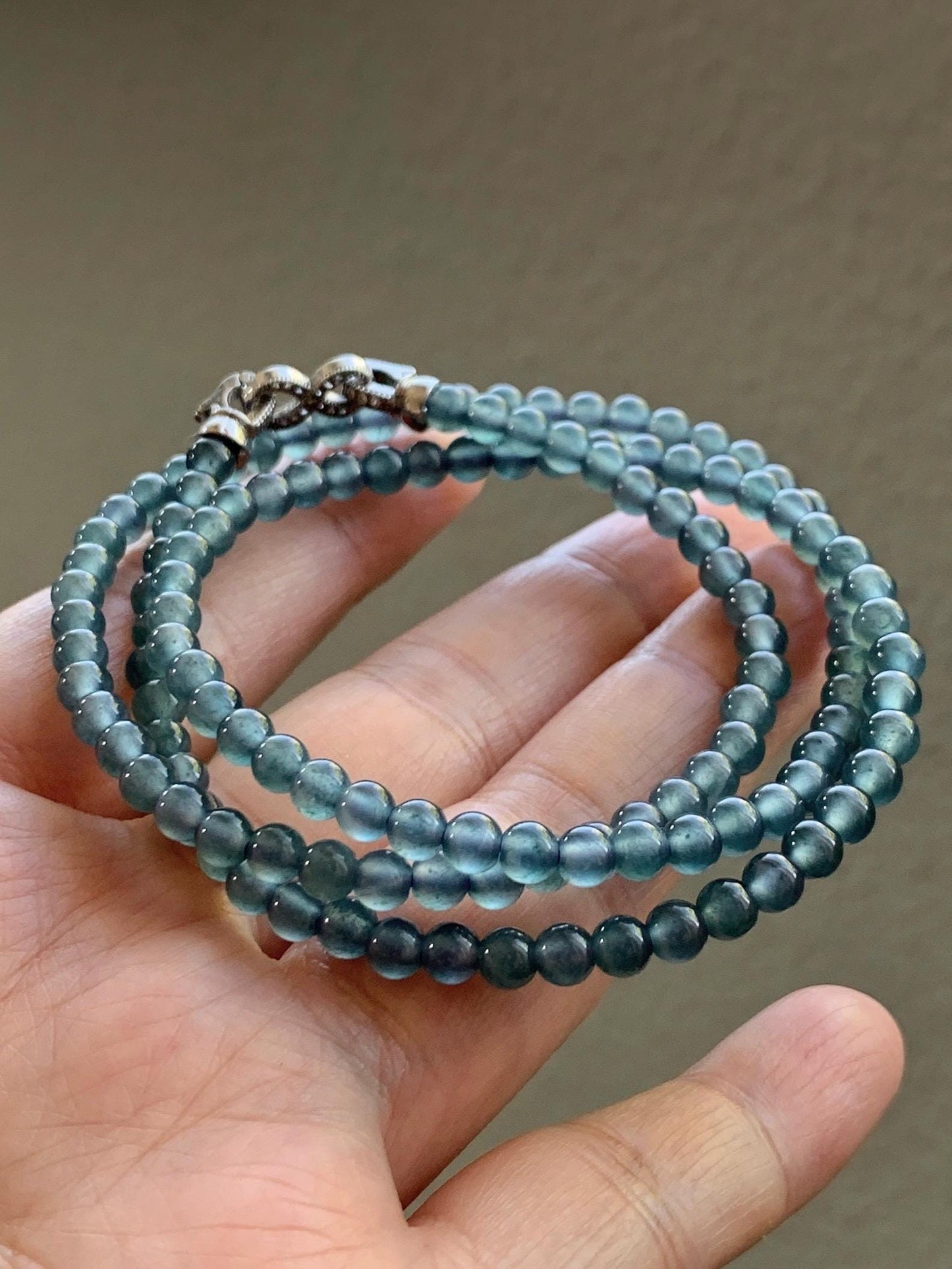 Grade A Natural Guatemalan Icy Highly Translucent Light Aegean Blue Jade Jadeite Petite Beaded Necklace 4.3mm 20.75” 天然冰危牛仔蓝翡翠圆珠项链XDN576N