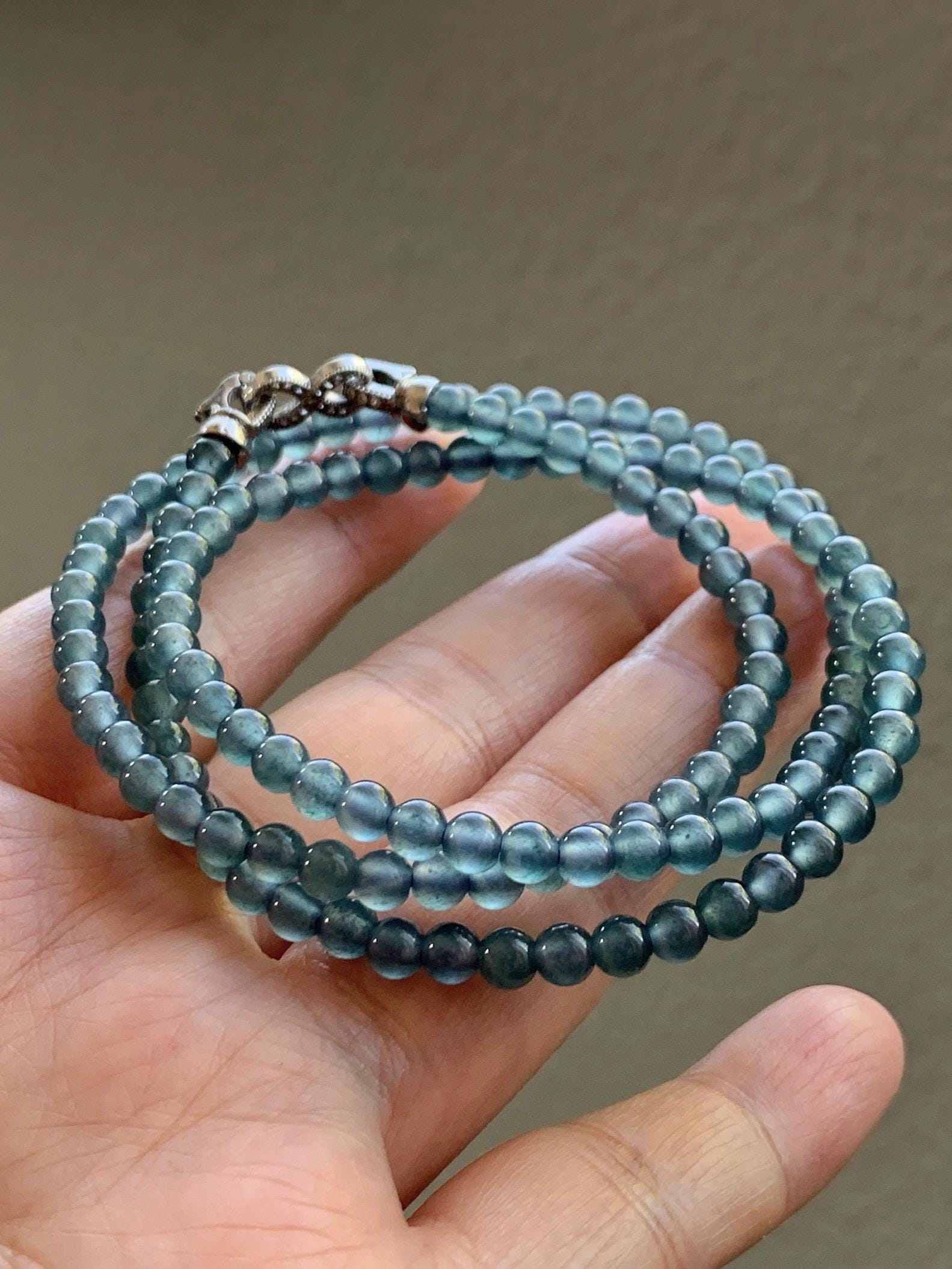Grade A Natural Guatemalan Icy Highly Translucent Light Aegean Blue Jade Jadeite Petite Beaded Necklace 4.3mm 20.75” 天然冰危牛仔蓝翡翠圆珠项链XDN576N
