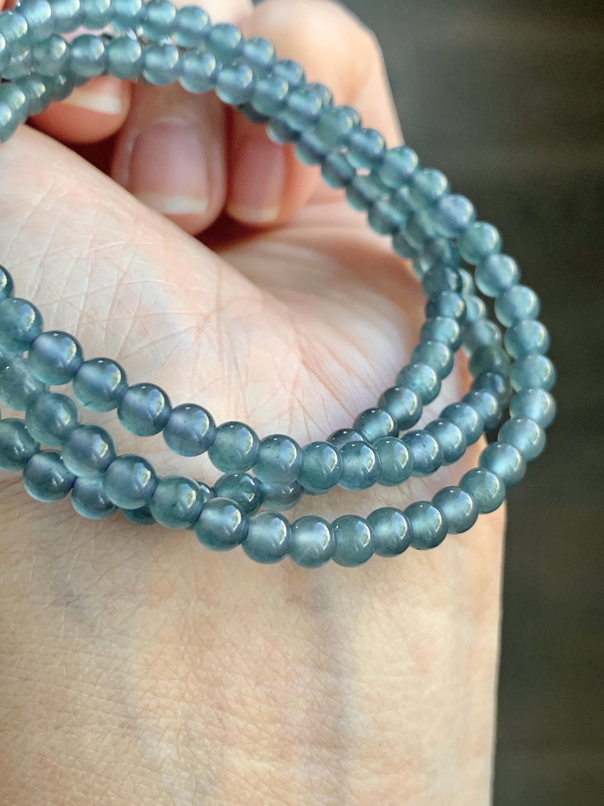 Grade A Natural Guatemalan Icy Highly Translucent Light Aegean Blue Jade Jadeite Petite Beaded Necklace 4.3mm 20.75” 天然冰危牛仔蓝翡翠圆珠项链XDN576N
