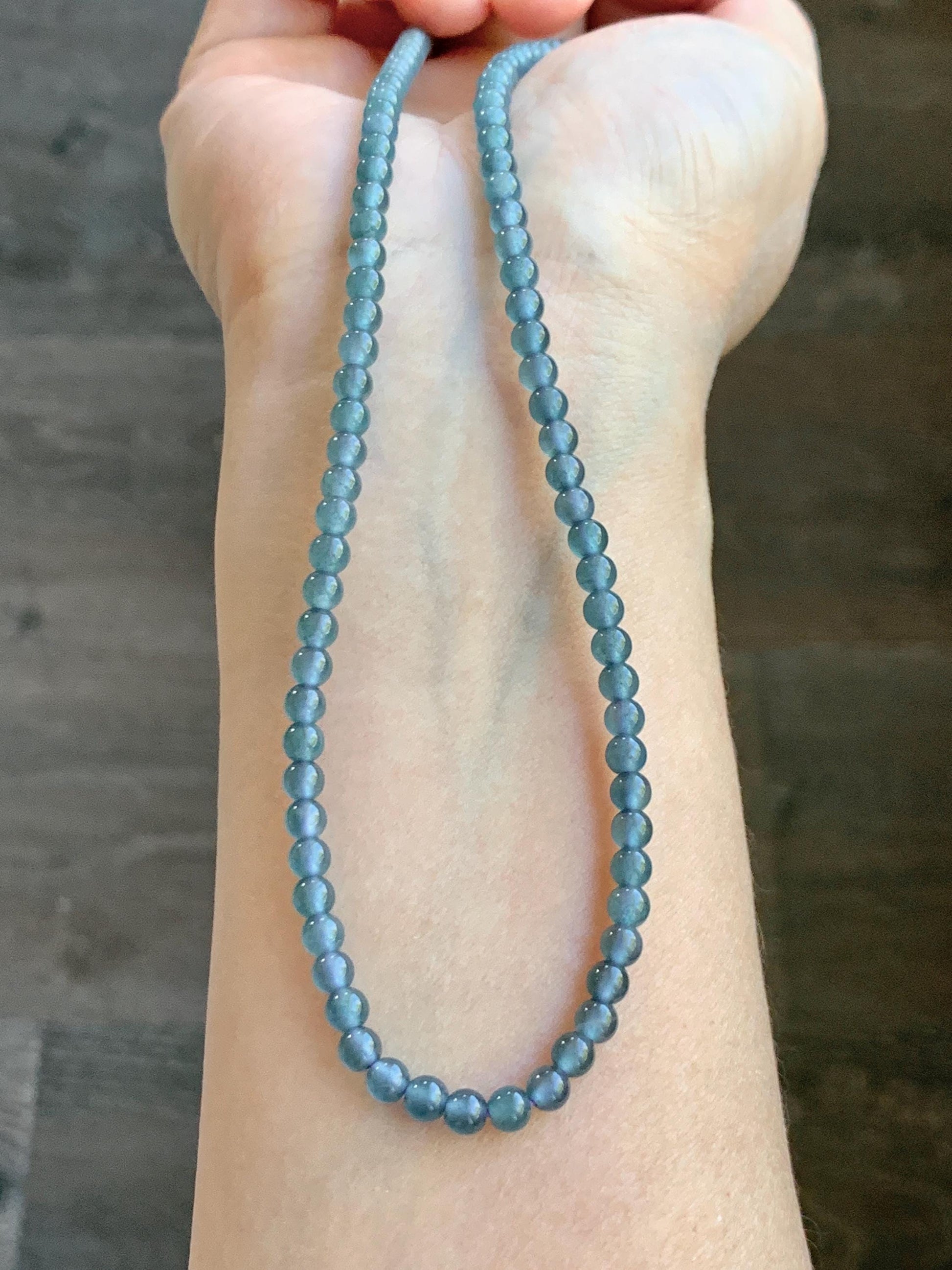 Grade A Natural Guatemalan Icy Highly Translucent Light Aegean Blue Jade Jadeite Petite Beaded Necklace 4.3mm 20.75” 天然冰危牛仔蓝翡翠圆珠项链XDN576N