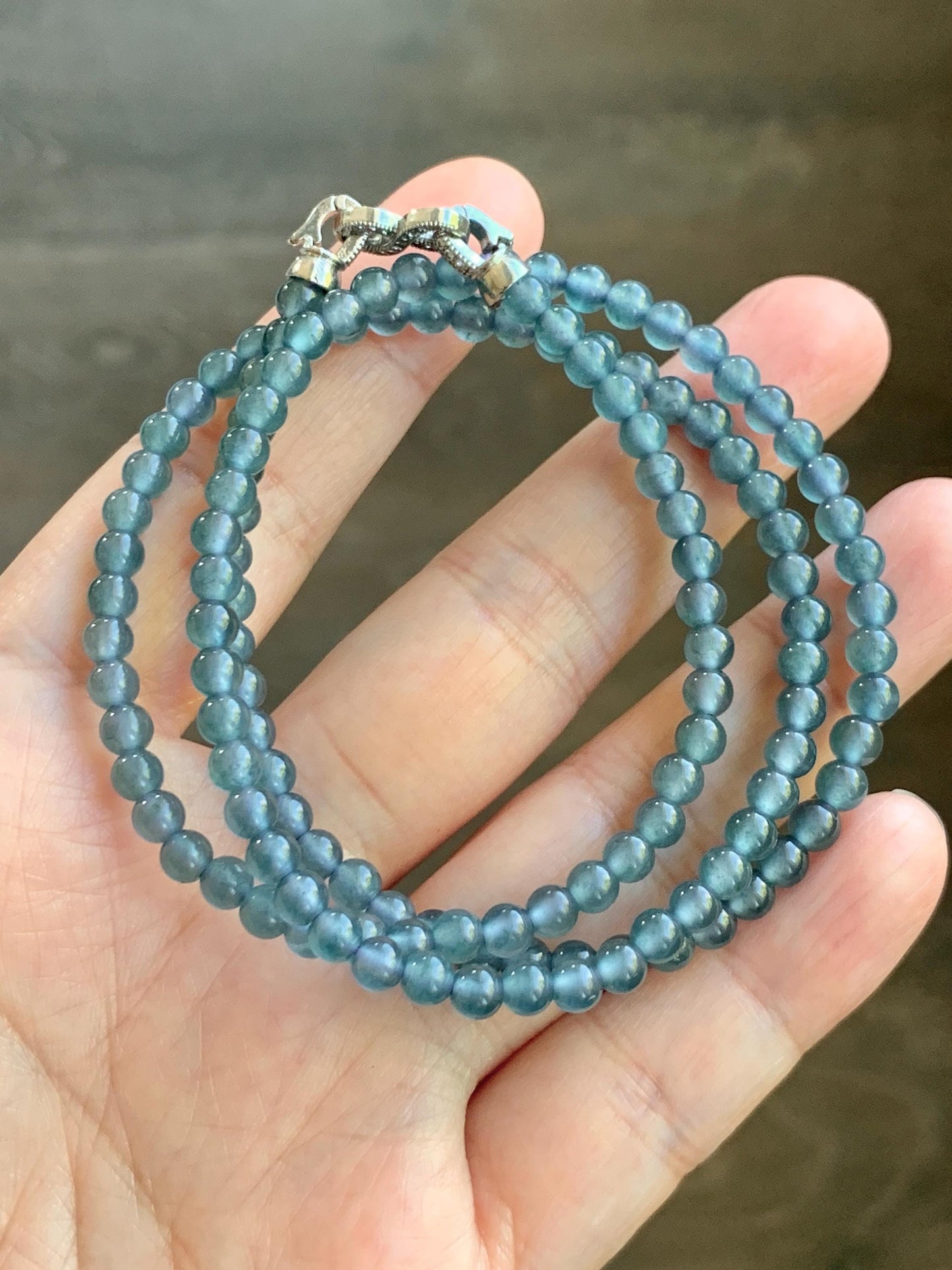 Grade A Natural Guatemalan Icy Highly Translucent Light Aegean Blue Jade Jadeite Petite Beaded Necklace 4.3mm 20.75” 天然冰危牛仔蓝翡翠圆珠项链XDN576N