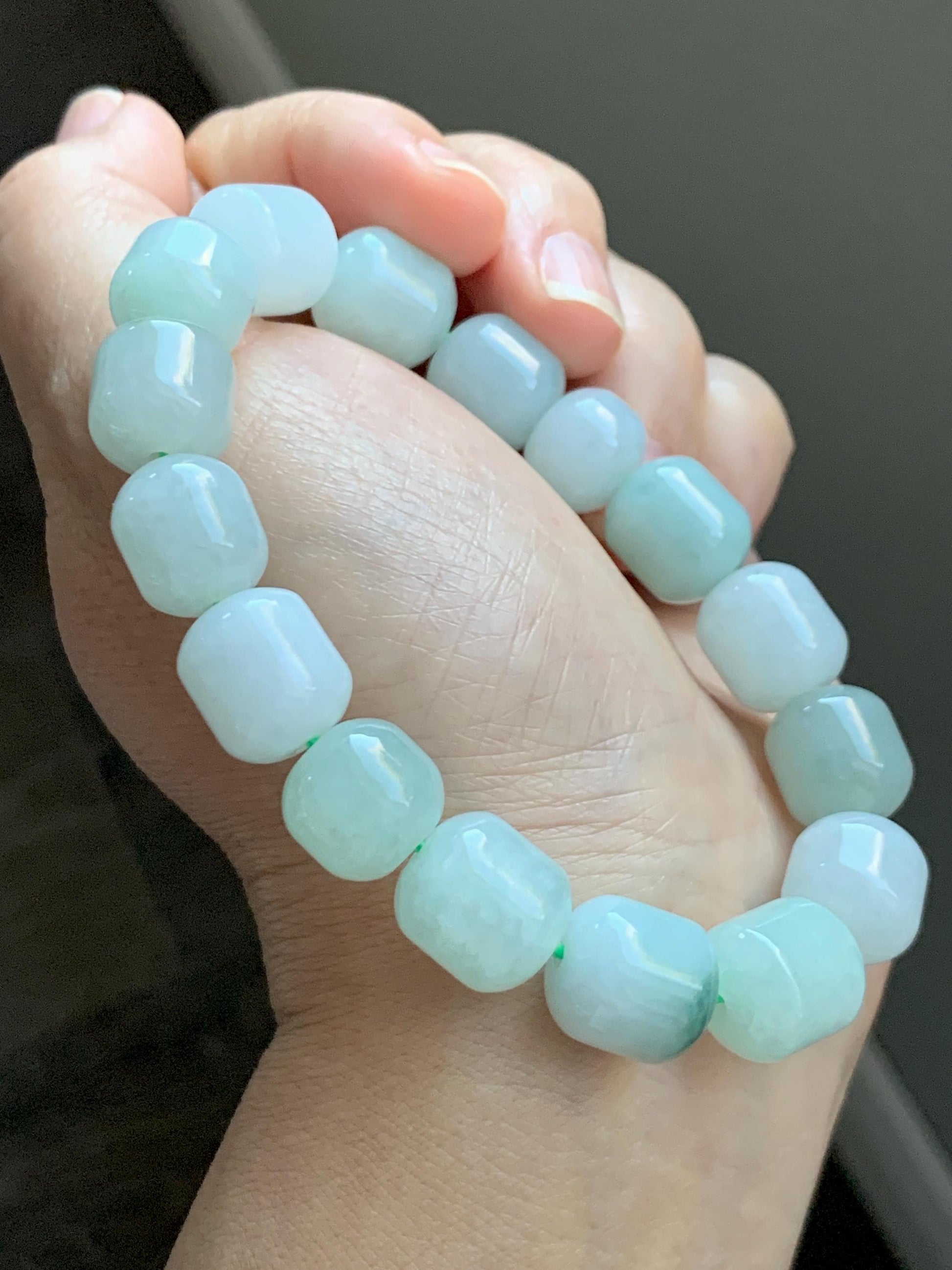 Natural Grade A Icy Translucent Multicolored Pastel Green White Jade Jadeite Barrel Beads Beaded Bracelet 7.75” 57g 天然糯冰多宝翡翠老型珠手串 DLZ297