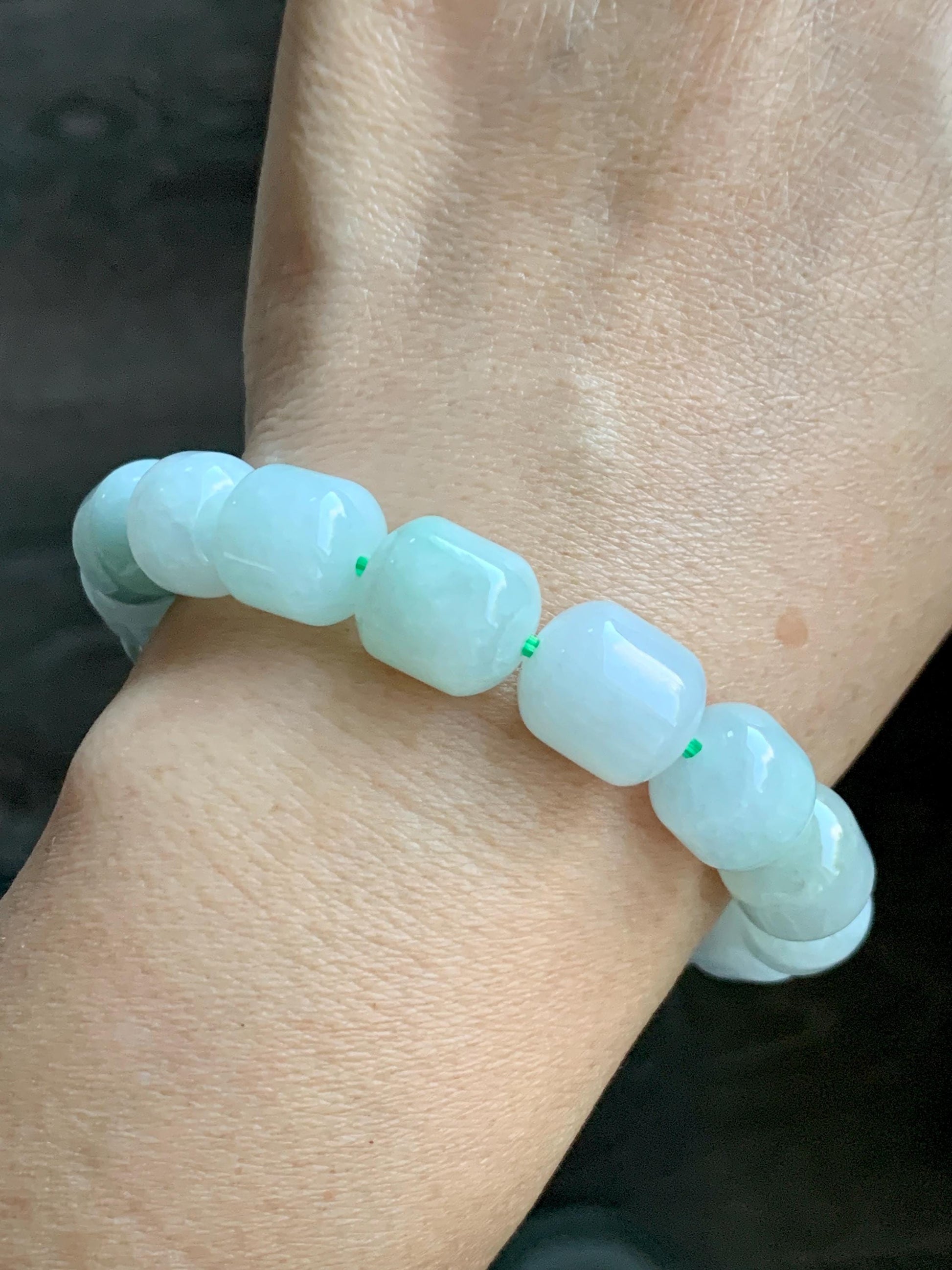 Natural Grade A Icy Translucent Multicolored Pastel Green White Jade Jadeite Barrel Beads Beaded Bracelet 7.75” 57g 天然糯冰多宝翡翠老型珠手串 DLZ297
