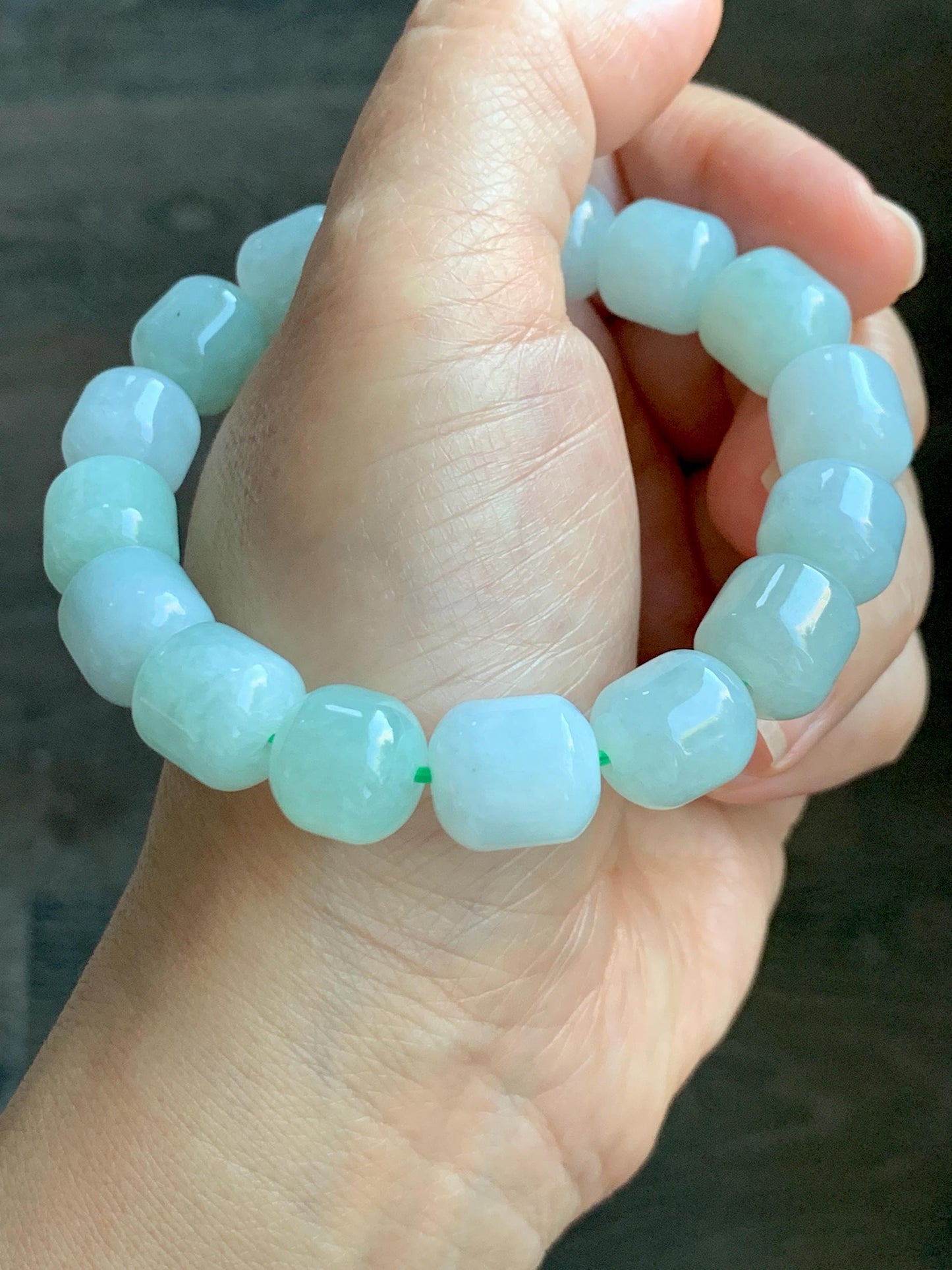 Natural Grade A Icy Translucent Multicolored Pastel Green White Jade Jadeite Barrel Beads Beaded Bracelet 7.75” 57g 天然糯冰多宝翡翠老型珠手串 DLZ297