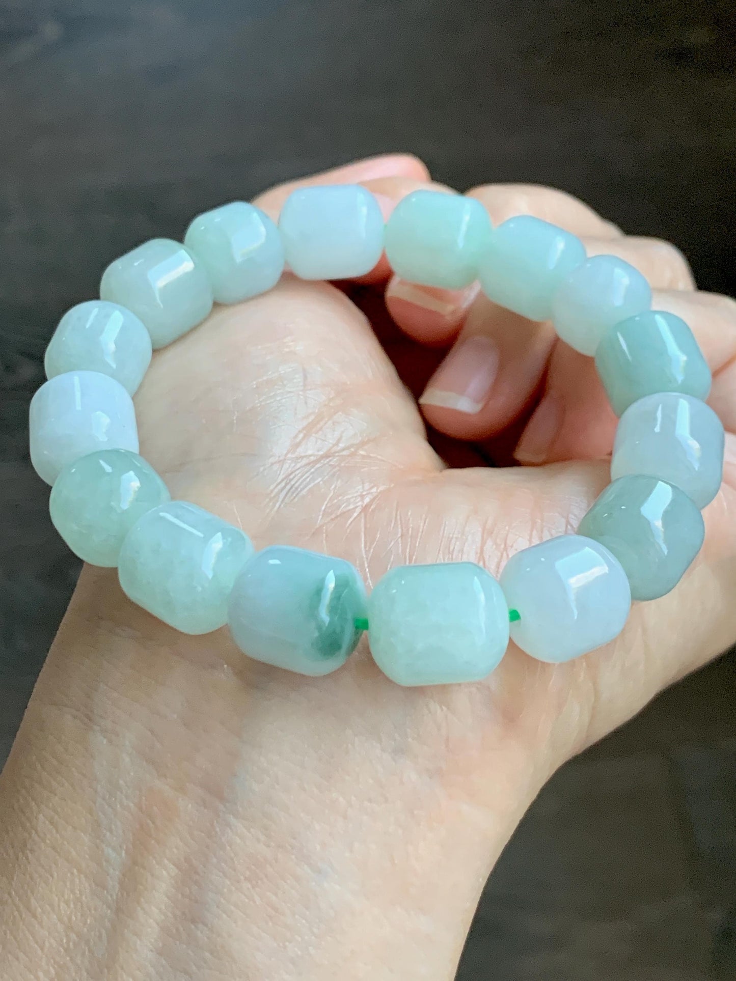 Natural Grade A Icy Translucent Multicolored Pastel Green White Jade Jadeite Barrel Beads Beaded Bracelet 7.75” 57g 天然糯冰多宝翡翠老型珠手串 DLZ297