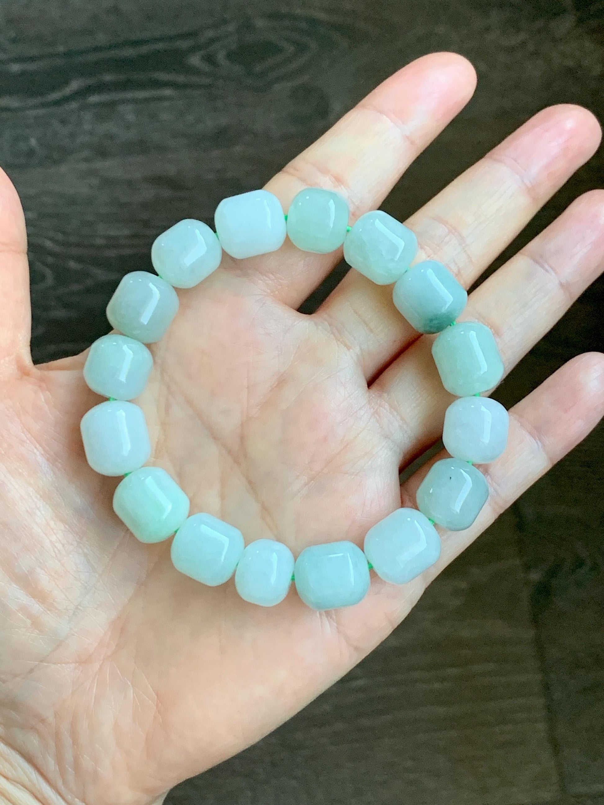 Natural Grade A Icy Translucent Multicolored Pastel Green White Jade Jadeite Barrel Beads Beaded Bracelet 7.75” 57g 天然糯冰多宝翡翠老型珠手串 DLZ297