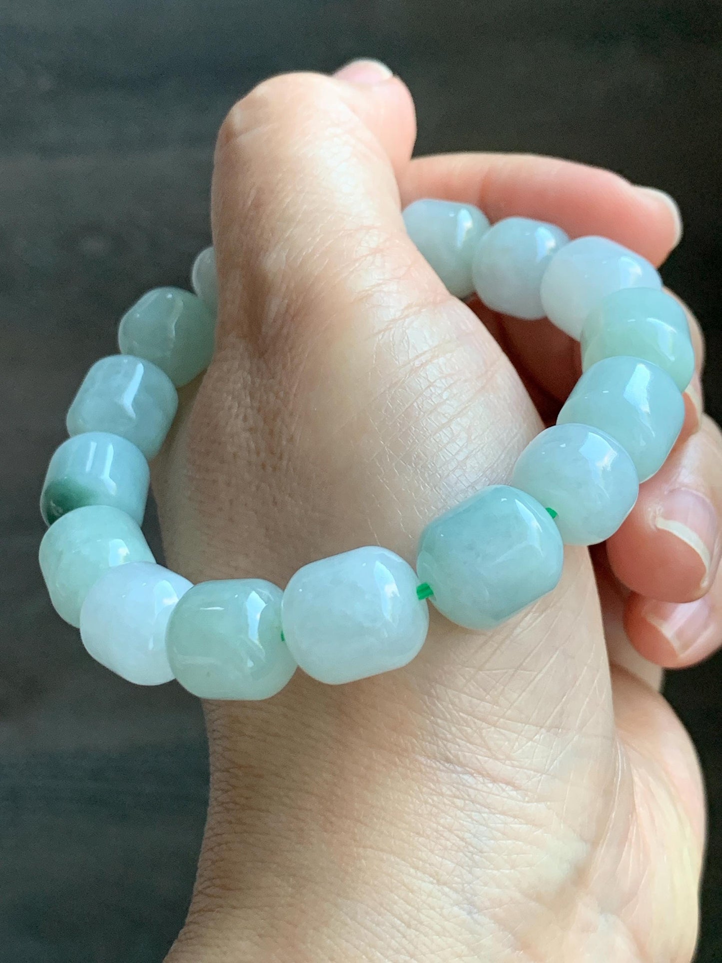 Natural Grade A Icy Translucent Multicolored Pastel Green White Jade Jadeite Barrel Beads Beaded Bracelet 7.75” 57g 天然糯冰多宝翡翠老型珠手串 DLZ297