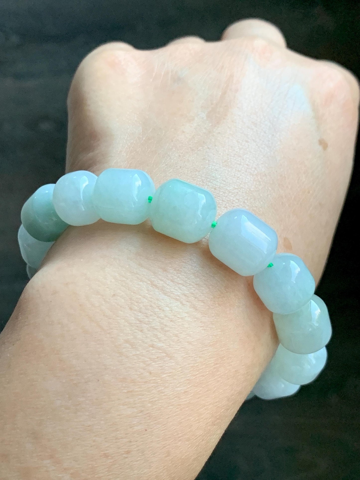 Natural Grade A Icy Translucent Multicolored Pastel Green White Jade Jadeite Barrel Beads Beaded Bracelet 7.75” 57g 天然糯冰多宝翡翠老型珠手串 DLZ297