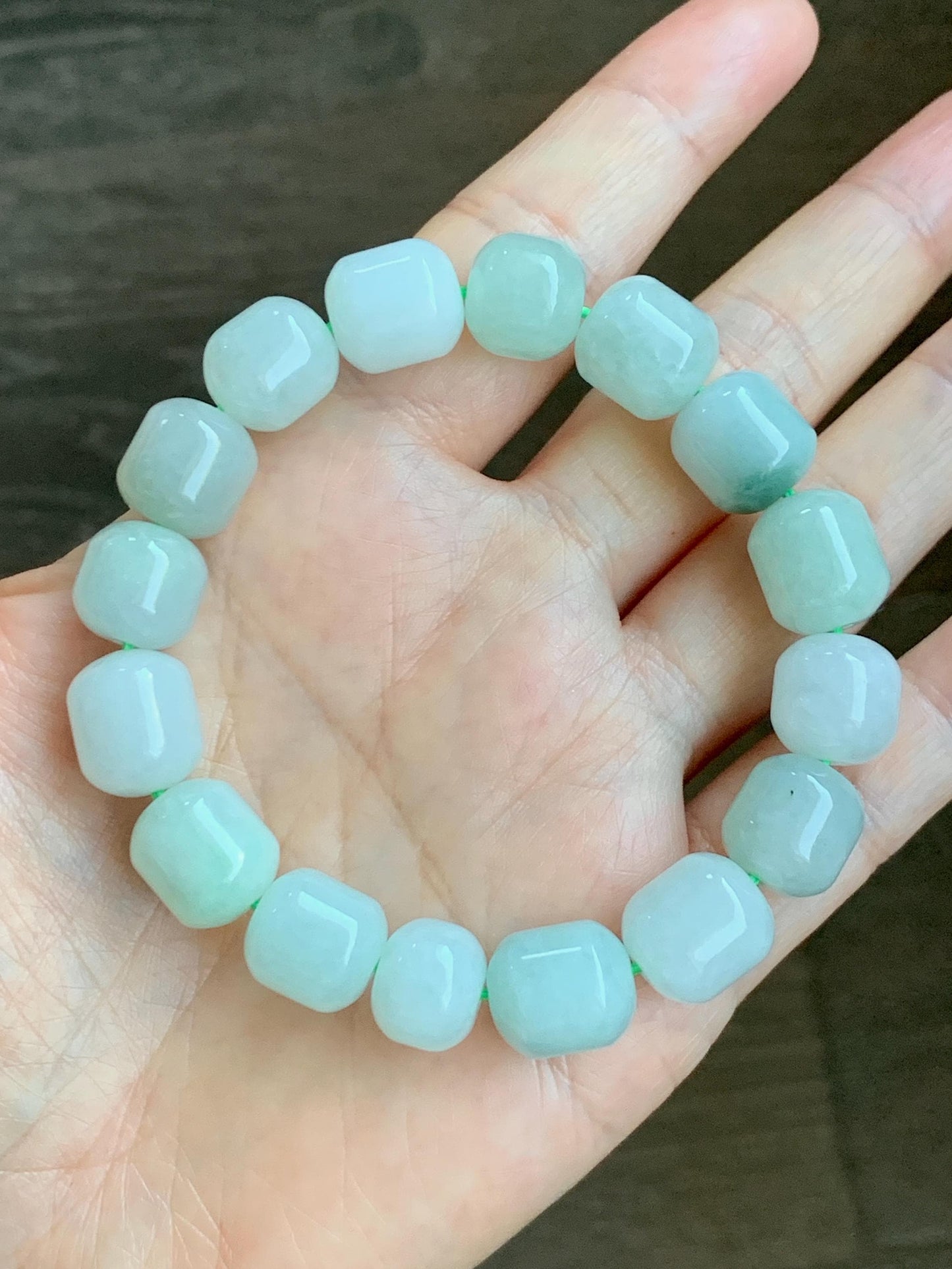Natural Grade A Icy Translucent Multicolored Pastel Green White Jade Jadeite Barrel Beads Beaded Bracelet 7.75” 57g 天然糯冰多宝翡翠老型珠手串 DLZ297