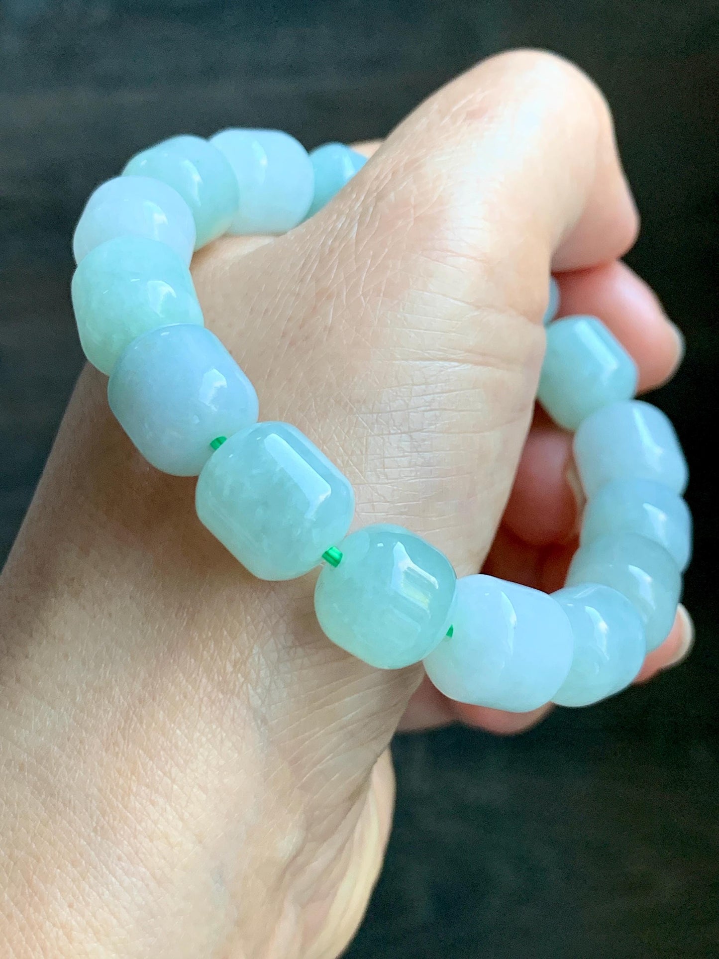 Natural Grade A Icy Translucent Multicolored Pastel Green White Jade Jadeite Barrel Beads Beaded Bracelet 7.75” 57g 天然糯冰多宝翡翠老型珠手串 DLZ297