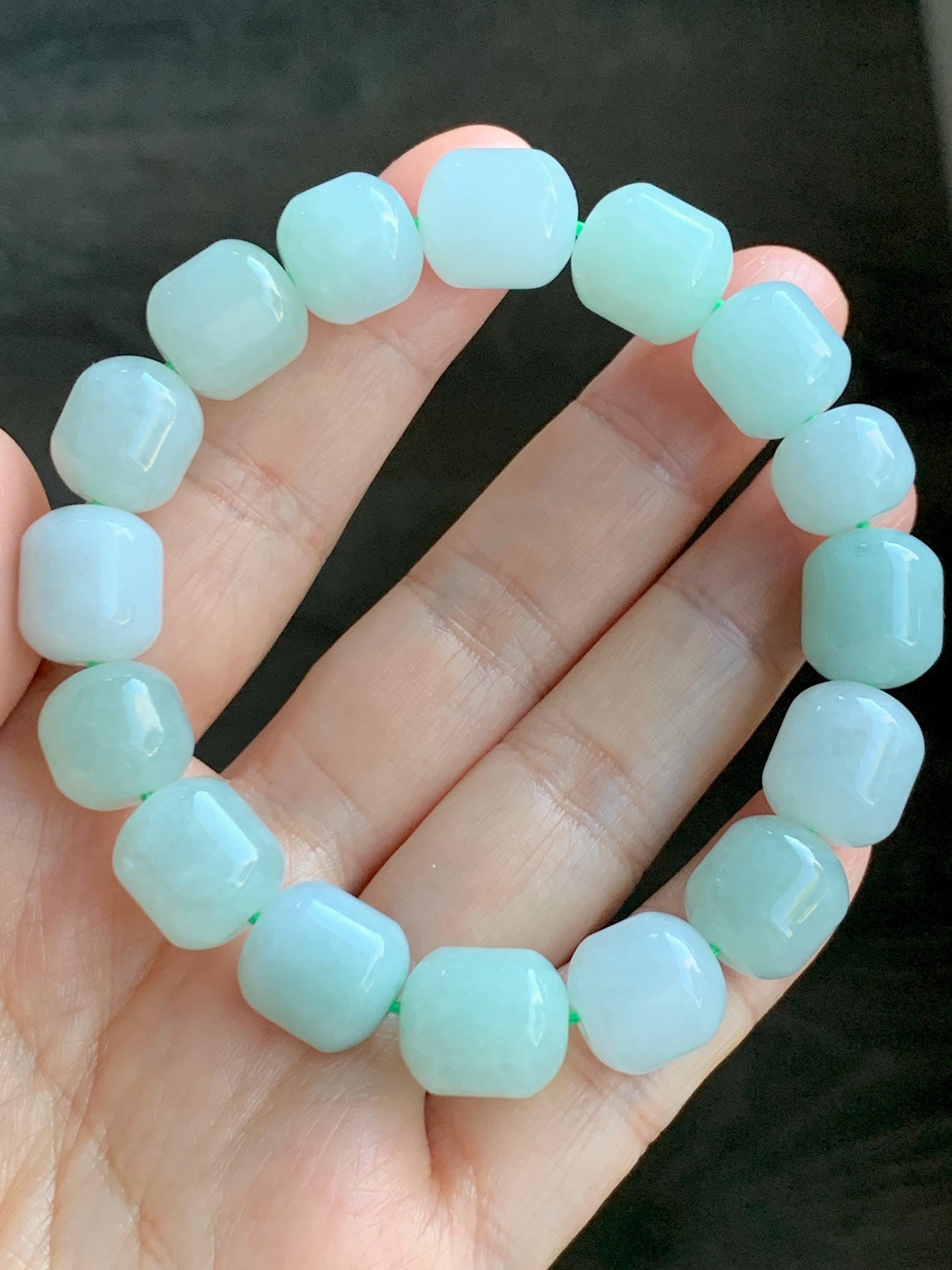 Natural Grade A Icy Translucent Multicolored Pastel Green White Jade Jadeite Barrel Beads Beaded Bracelet 7.75” 57g 天然糯冰多宝翡翠老型珠手串 DLZ297