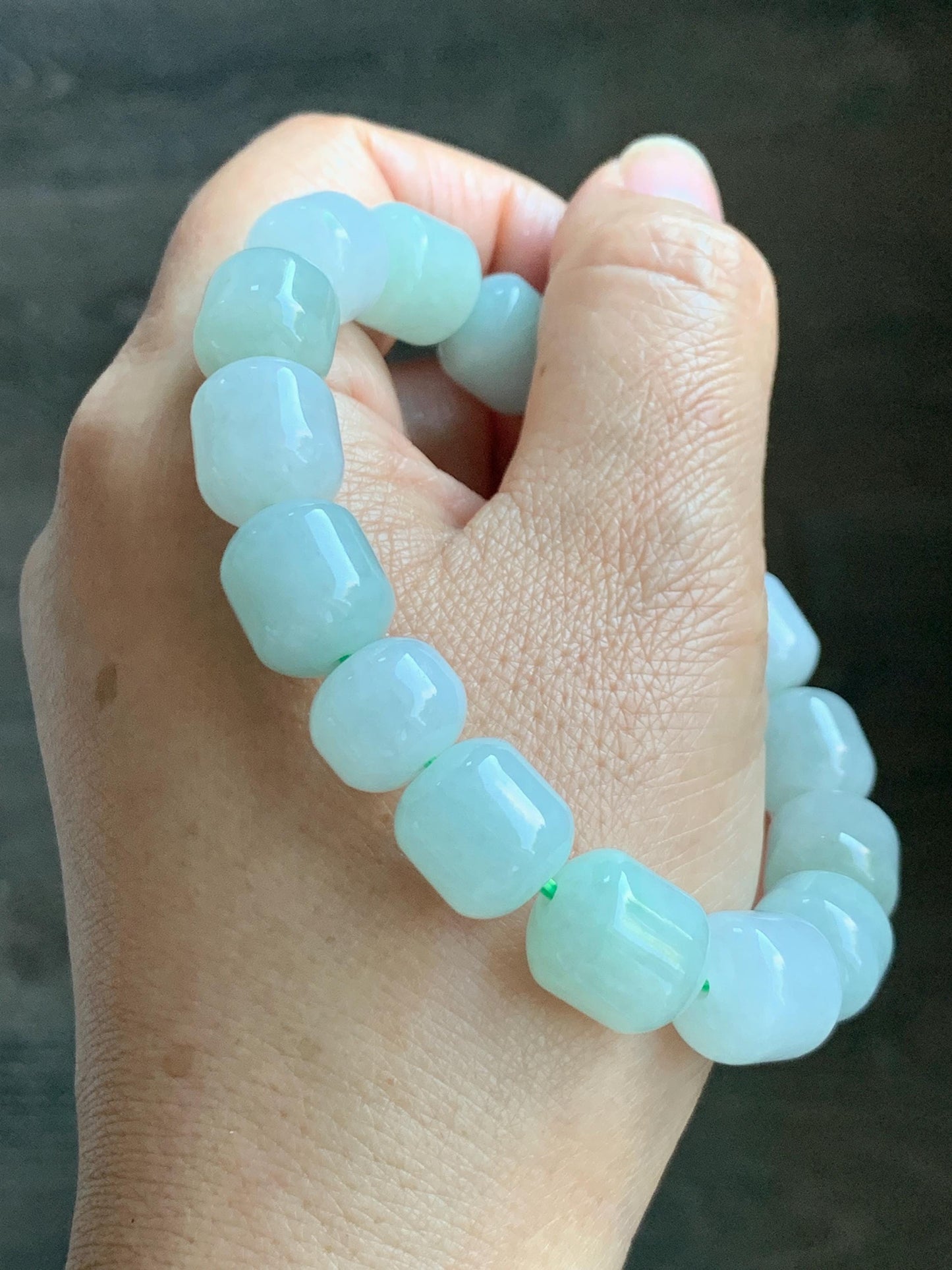 Natural Grade A Icy Translucent Multicolored Pastel Green White Jade Jadeite Barrel Beads Beaded Bracelet 7.75” 57g 天然糯冰多宝翡翠老型珠手串 DLZ297