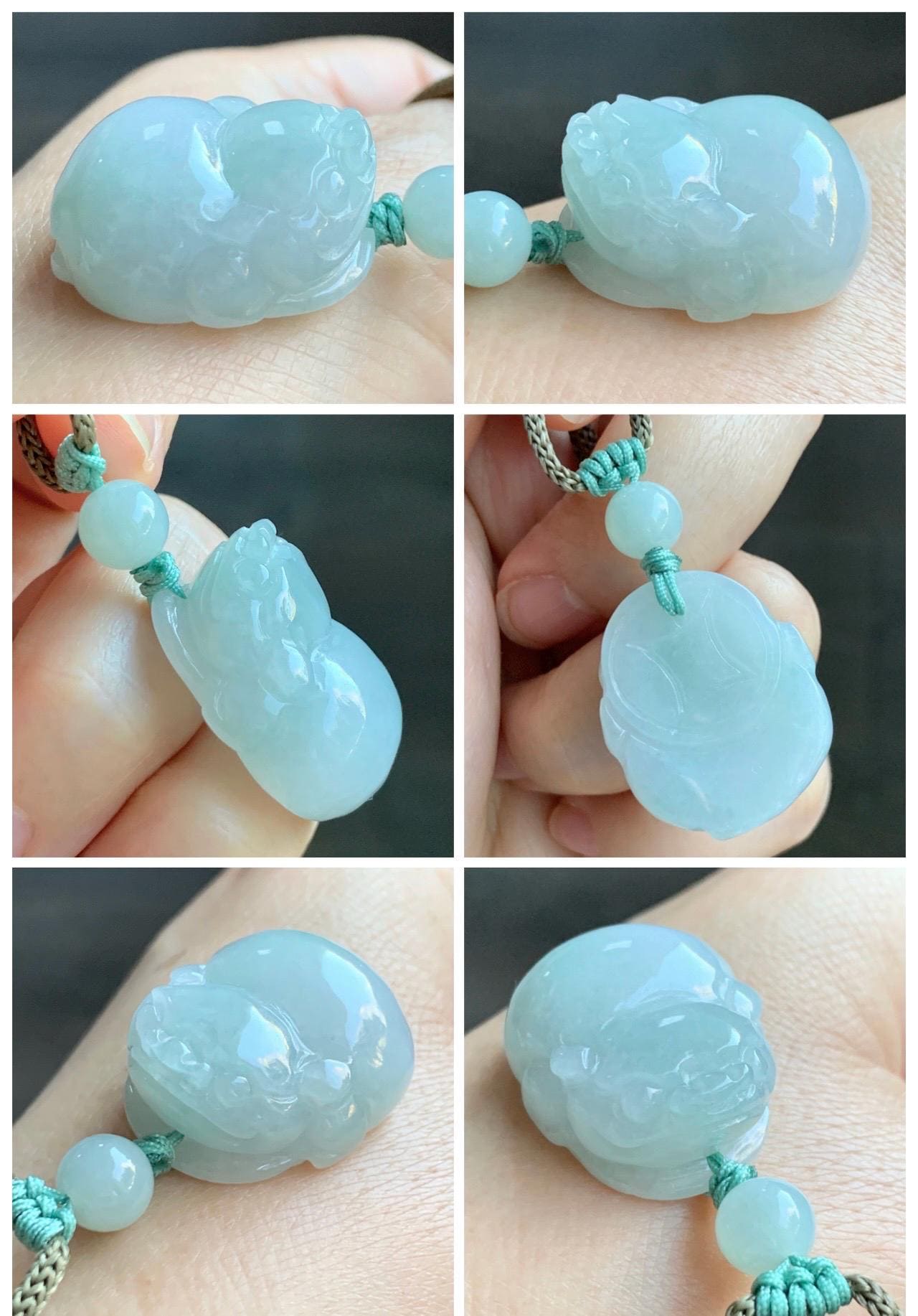 Natural Grade A Icy Translucent Paste Green Jade Jadeite Carved Three-legged Toad Pendant Rope Necklace 25.5” 17g 天然糯冰淡绿底翡翠肥三脚金蟾吊坠项链 SJC106