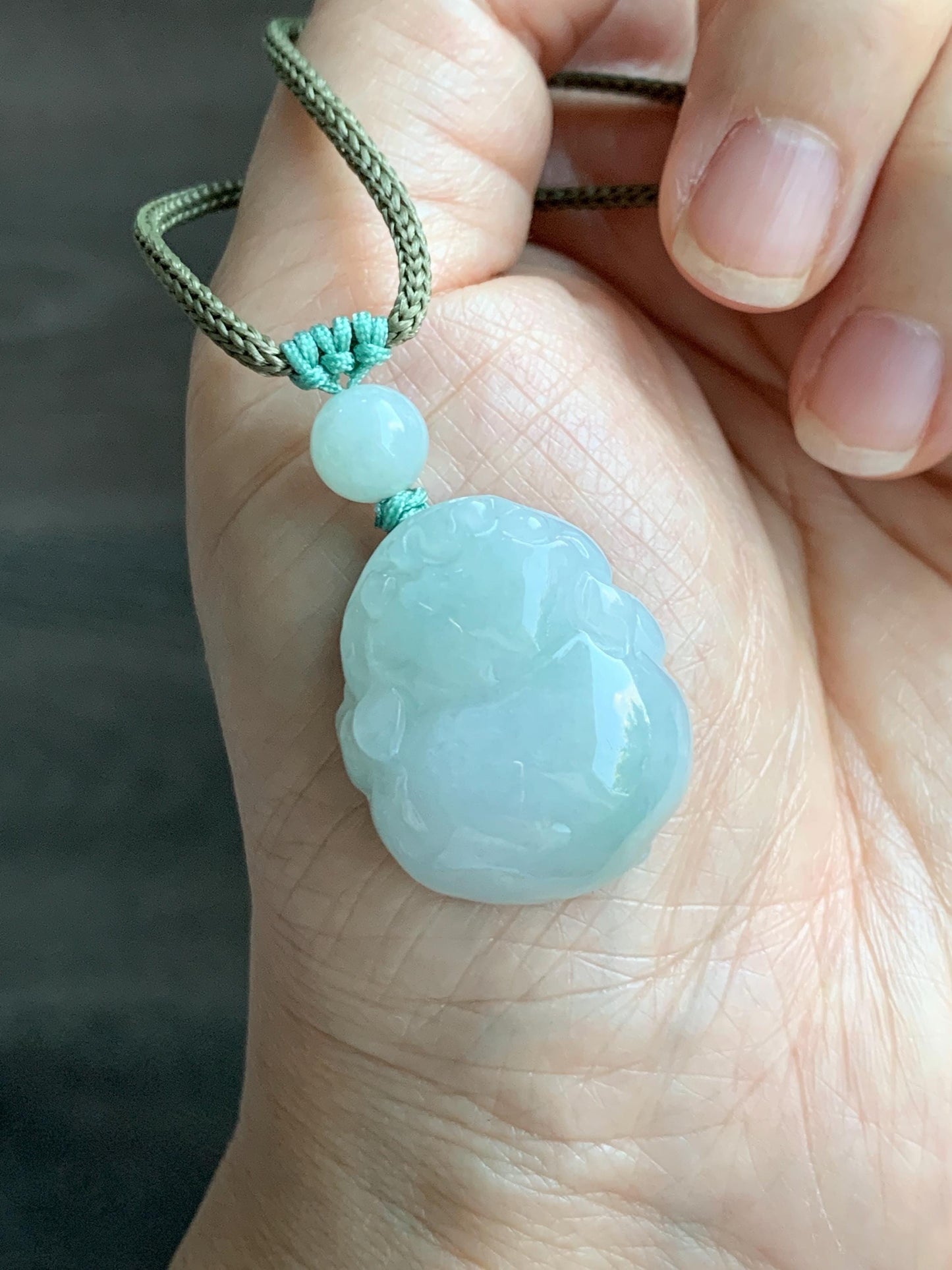 Natural Grade A Icy Translucent Paste Green Jade Jadeite Carved Three-legged Toad Pendant Rope Necklace 25.5” 17g 天然糯冰淡绿底翡翠肥三脚金蟾吊坠项链 SJC106