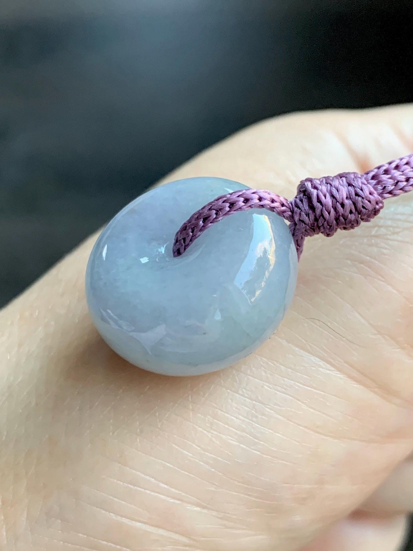 Natural Grade A Icy Translucent Dusty Bluish Purple Jade Jadeite Ping An Kou Thick Donut Pendant Rope Necklace 24.5” 天然糯冰蓝紫翡翠肥平安扣吊坠 MZK203B