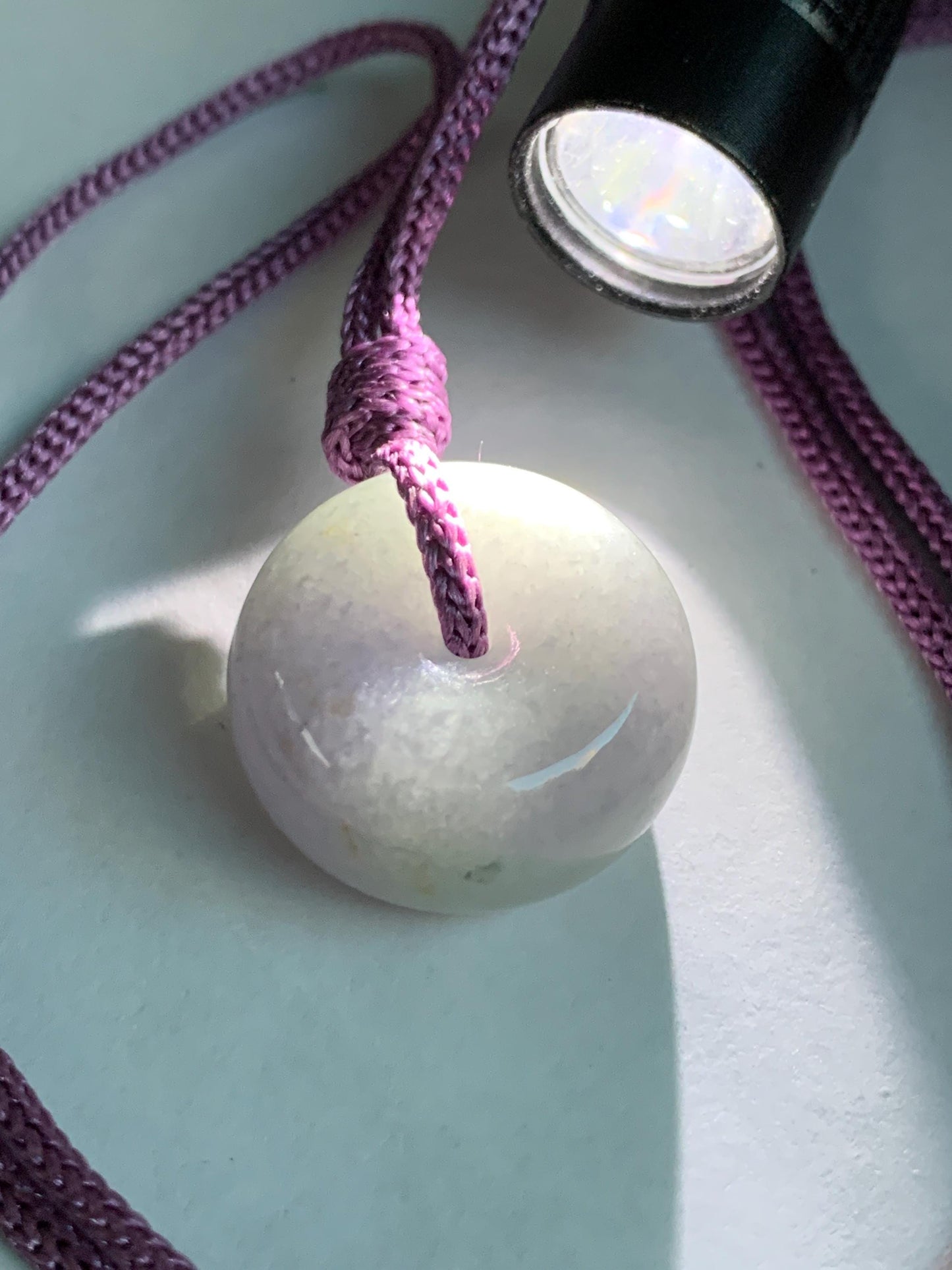 Natural Grade A Icy Translucent Dusty Bluish Purple Jade Jadeite Ping An Kou Thick Donut Pendant Rope Necklace 24.5” 天然糯冰蓝紫翡翠肥平安扣吊坠 MZK203B