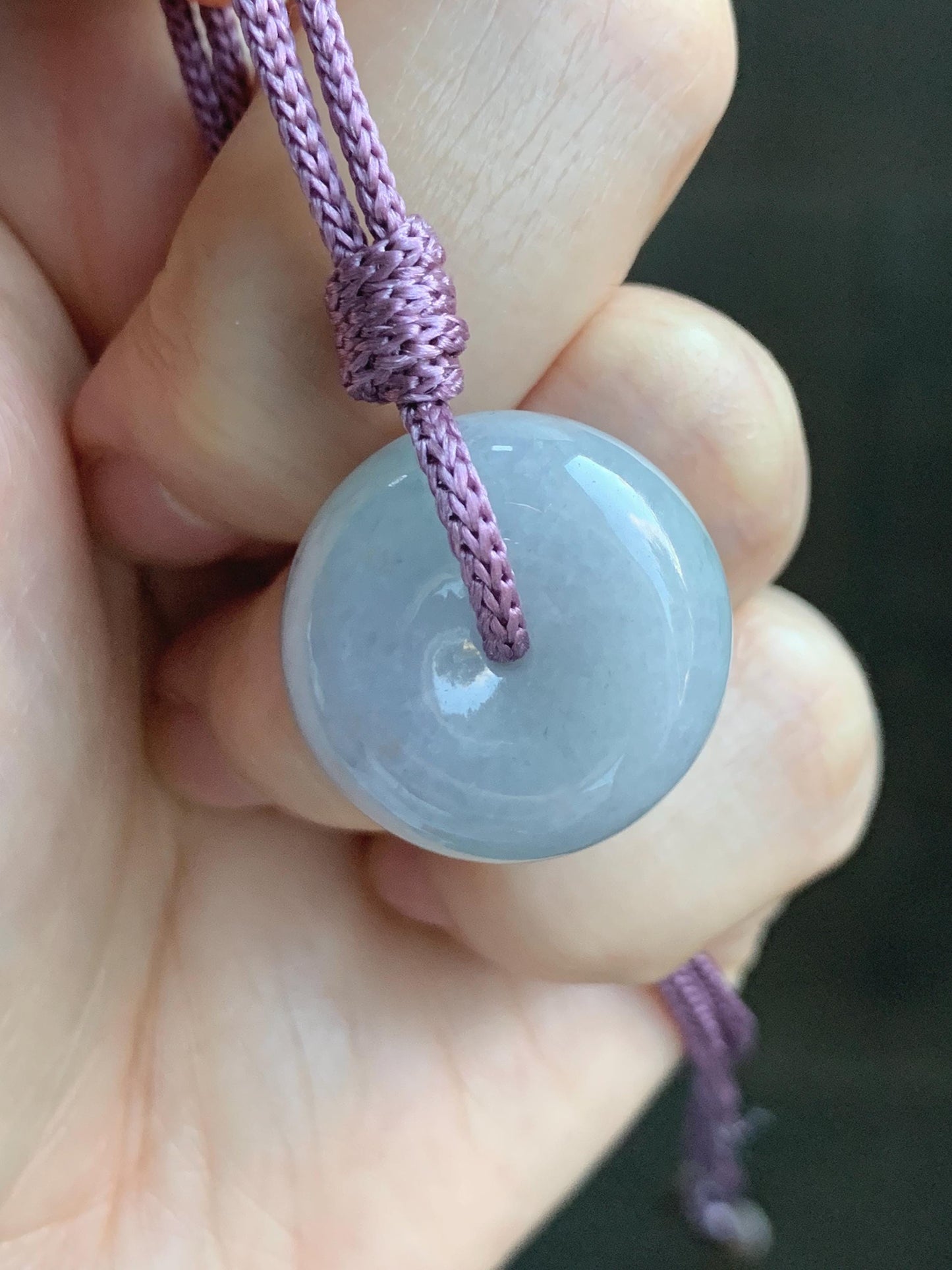 Natural Grade A Icy Translucent Dusty Bluish Purple Jade Jadeite Ping An Kou Thick Donut Pendant Rope Necklace 24.5” 天然糯冰蓝紫翡翠肥平安扣吊坠 MZK203B