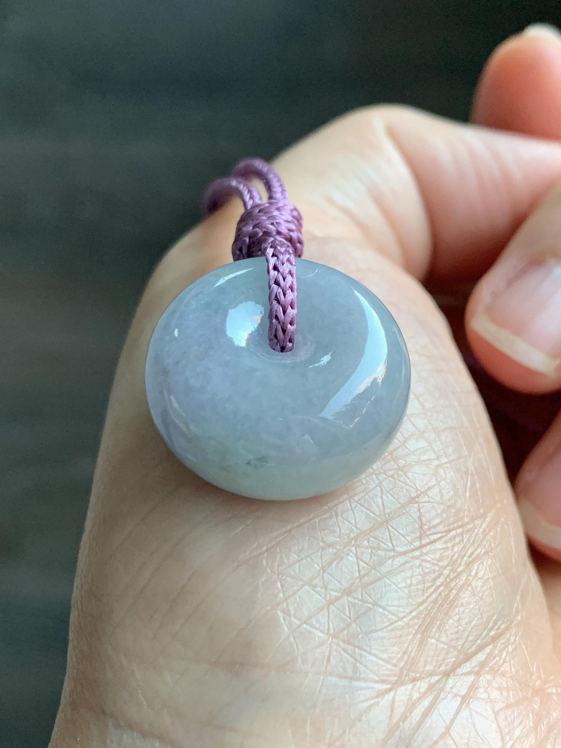 Natural Grade A Icy Translucent Dusty Bluish Purple Jade Jadeite Ping An Kou Thick Donut Pendant Rope Necklace 24.5” 天然糯冰蓝紫翡翠肥平安扣吊坠 MZK203B