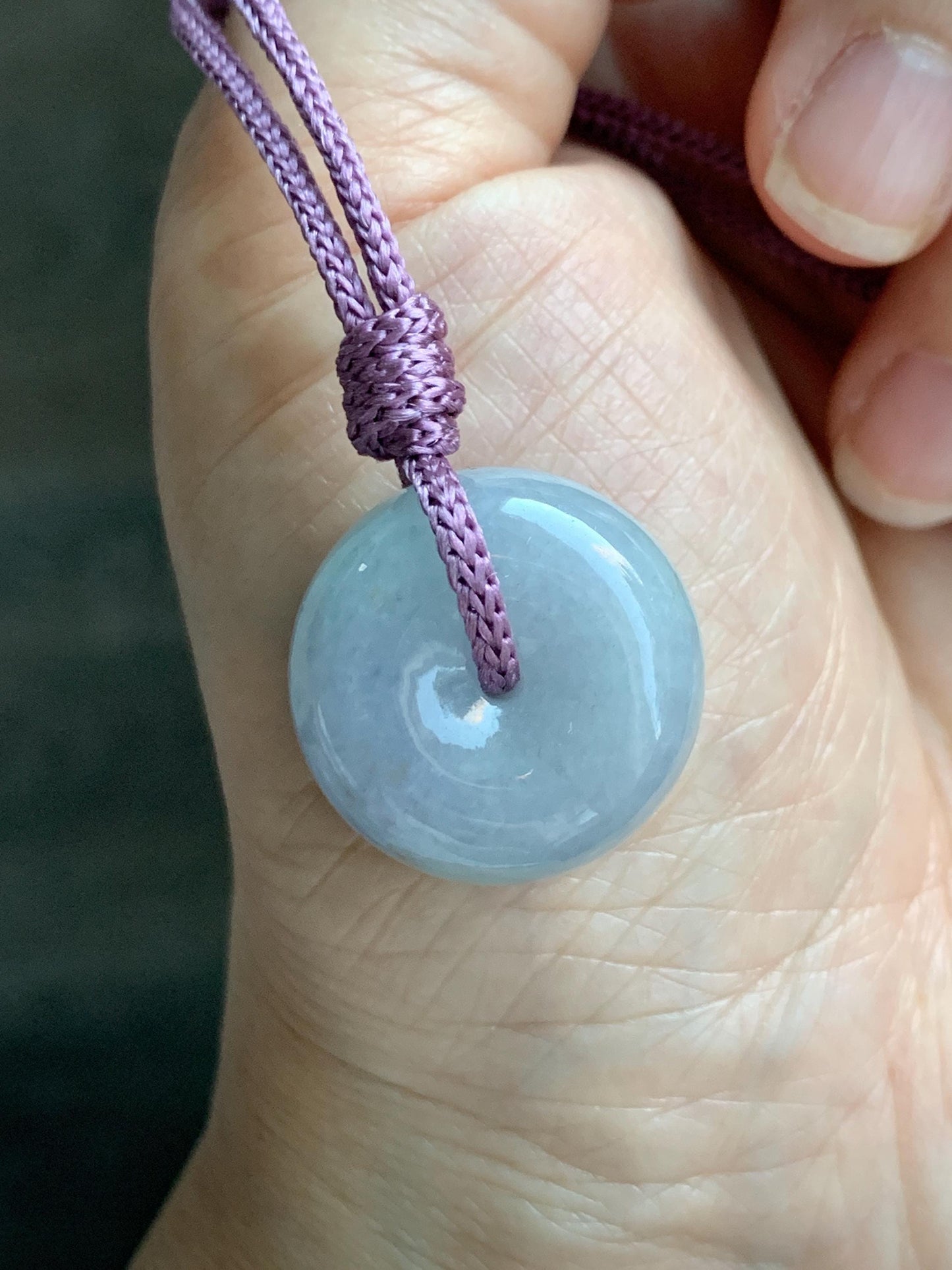 Natural Grade A Icy Translucent Dusty Bluish Purple Jade Jadeite Ping An Kou Thick Donut Pendant Rope Necklace 24.5” 天然糯冰蓝紫翡翠肥平安扣吊坠 MZK203B