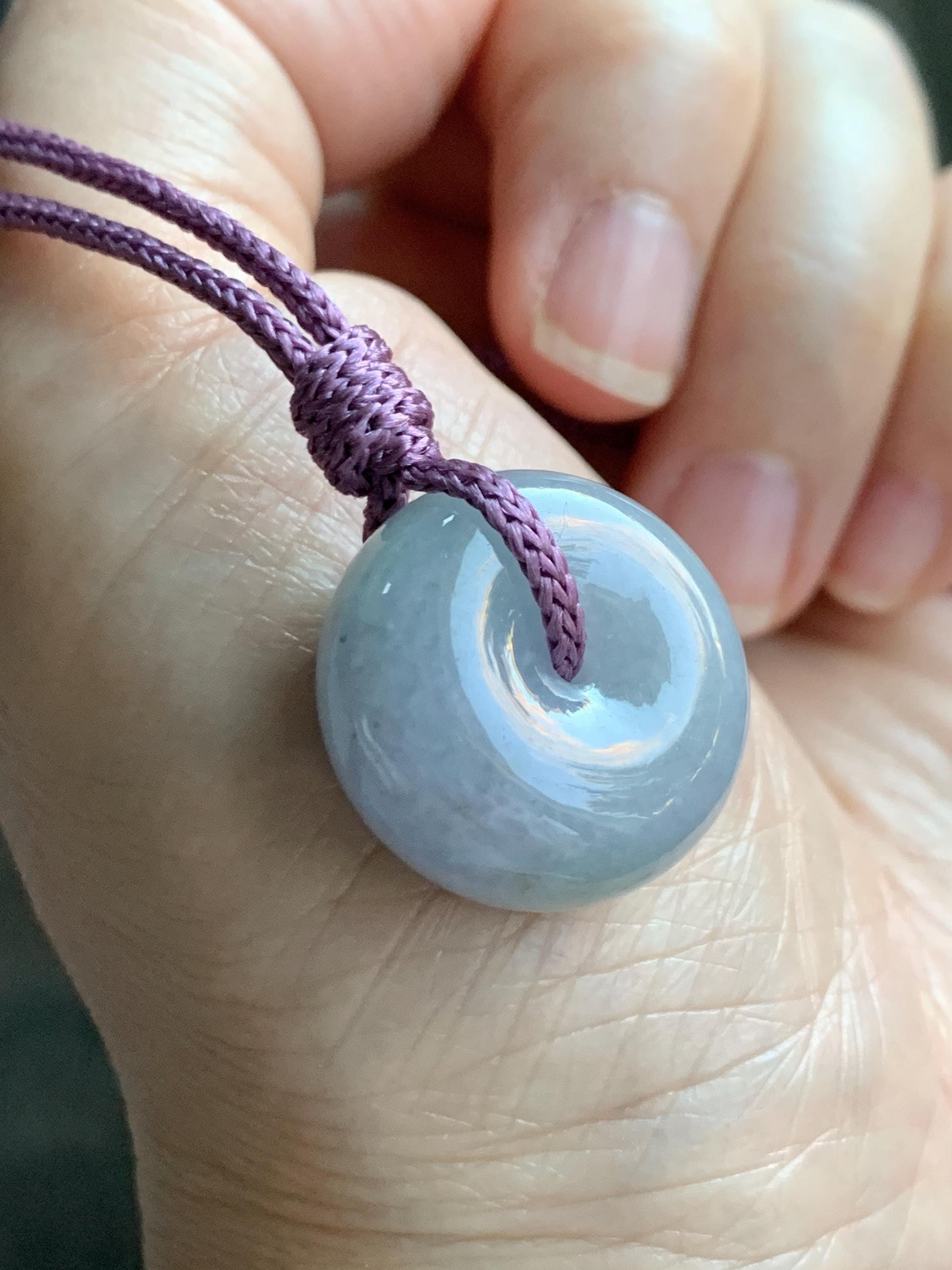 Natural Grade A Icy Translucent Dusty Bluish Purple Jade Jadeite Ping An Kou Thick Donut Pendant Rope Necklace 24.5” 天然糯冰蓝紫翡翠肥平安扣吊坠 MZK203B