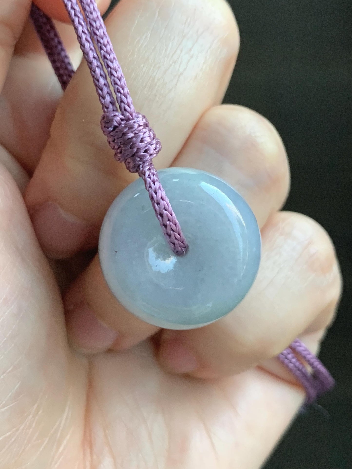 Natural Grade A Icy Translucent Dusty Bluish Purple Jade Jadeite Ping An Kou Thick Donut Pendant Rope Necklace 24.5” 天然糯冰蓝紫翡翠肥平安扣吊坠 MZK203B