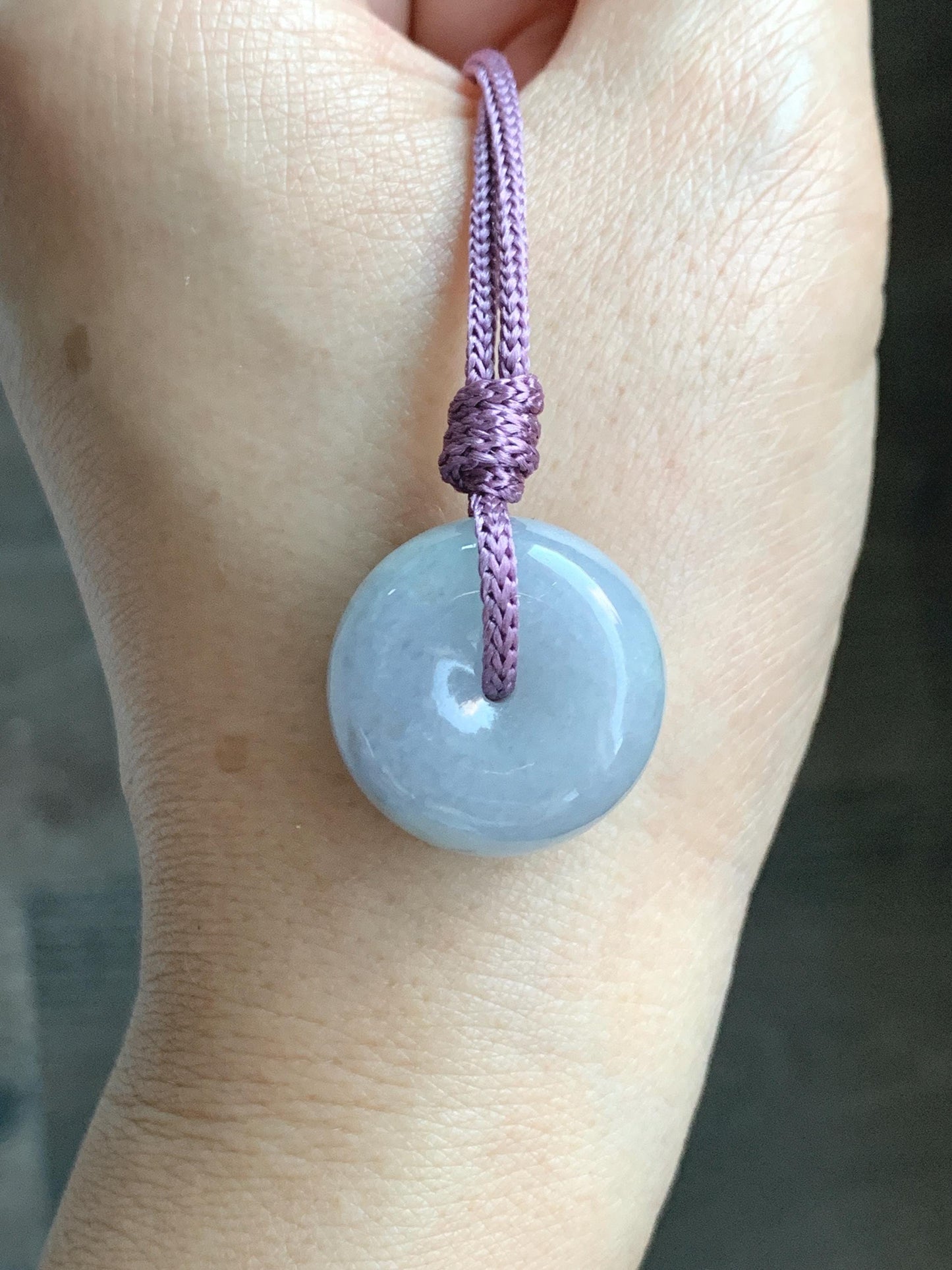 Natural Grade A Icy Translucent Dusty Bluish Purple Jade Jadeite Ping An Kou Thick Donut Pendant Rope Necklace 24.5” 天然糯冰蓝紫翡翠肥平安扣吊坠 MZK203B