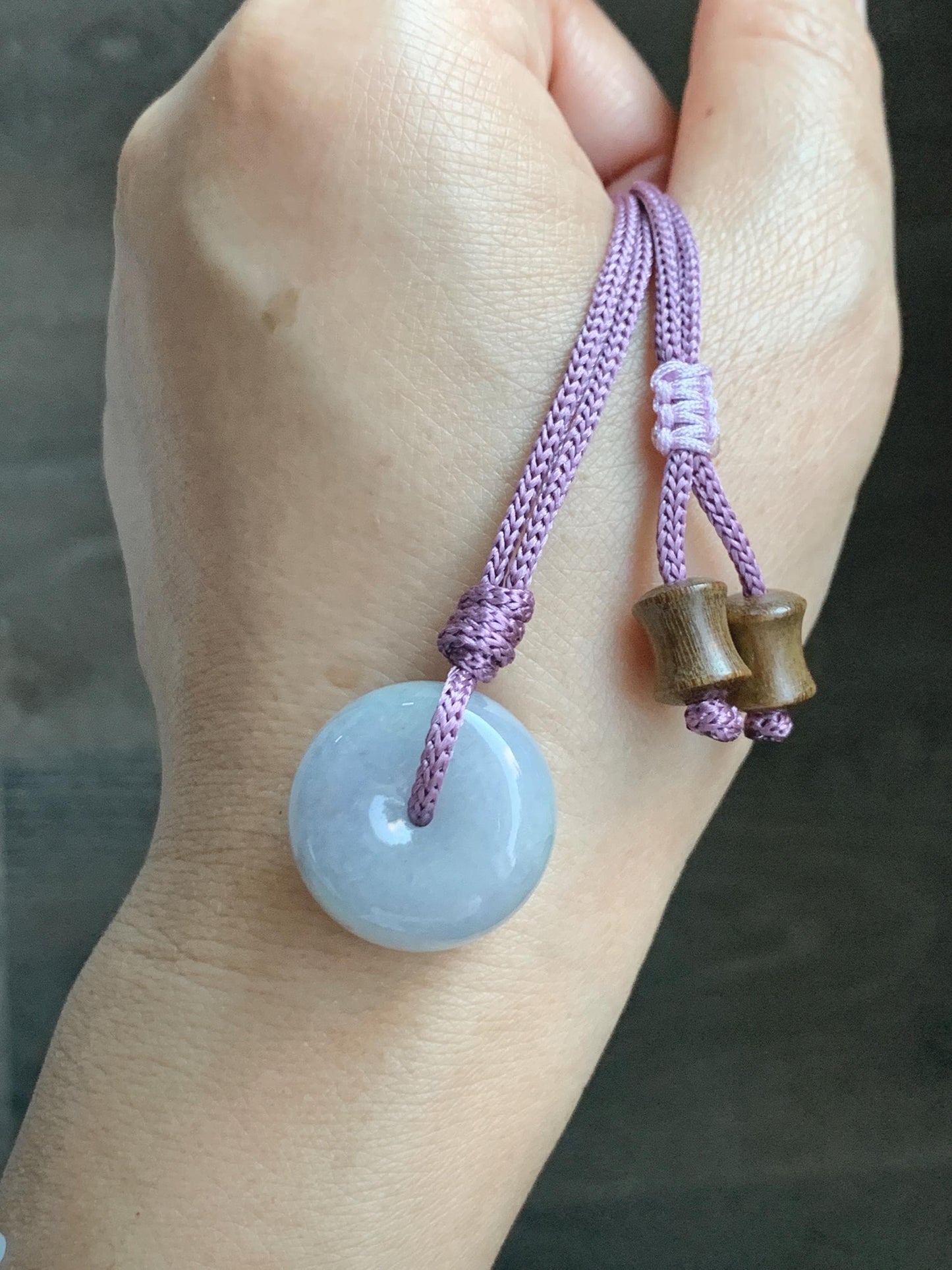 Natural Grade A Icy Translucent Dusty Bluish Purple Jade Jadeite Ping An Kou Thick Donut Pendant Rope Necklace 24.5” 天然糯冰蓝紫翡翠肥平安扣吊坠 MZK203B