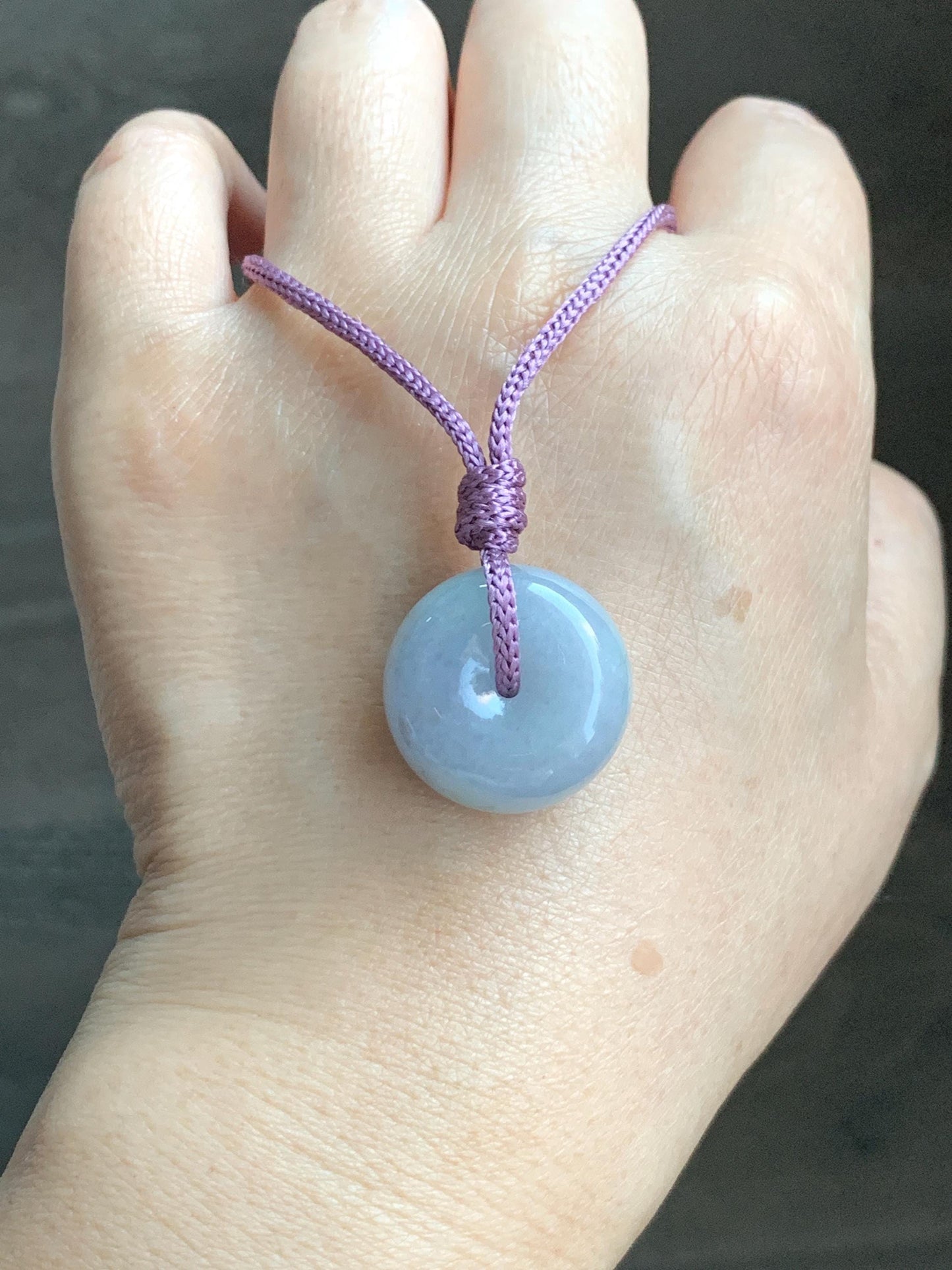 Natural Grade A Icy Translucent Dusty Bluish Purple Jade Jadeite Ping An Kou Thick Donut Pendant Rope Necklace 24.5” 天然糯冰蓝紫翡翠肥平安扣吊坠 MZK203B