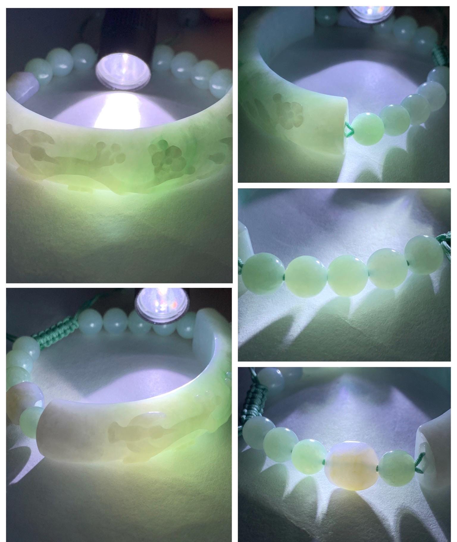 Certified Natural Grade A Icy Translucent Pastel Green Marbled Jade Jadeite Carved Cuff & Beads Beaded Bracelet 6.5” 天然晴底细糯翡翠喜上眉梢半镯圆珠手串 3275