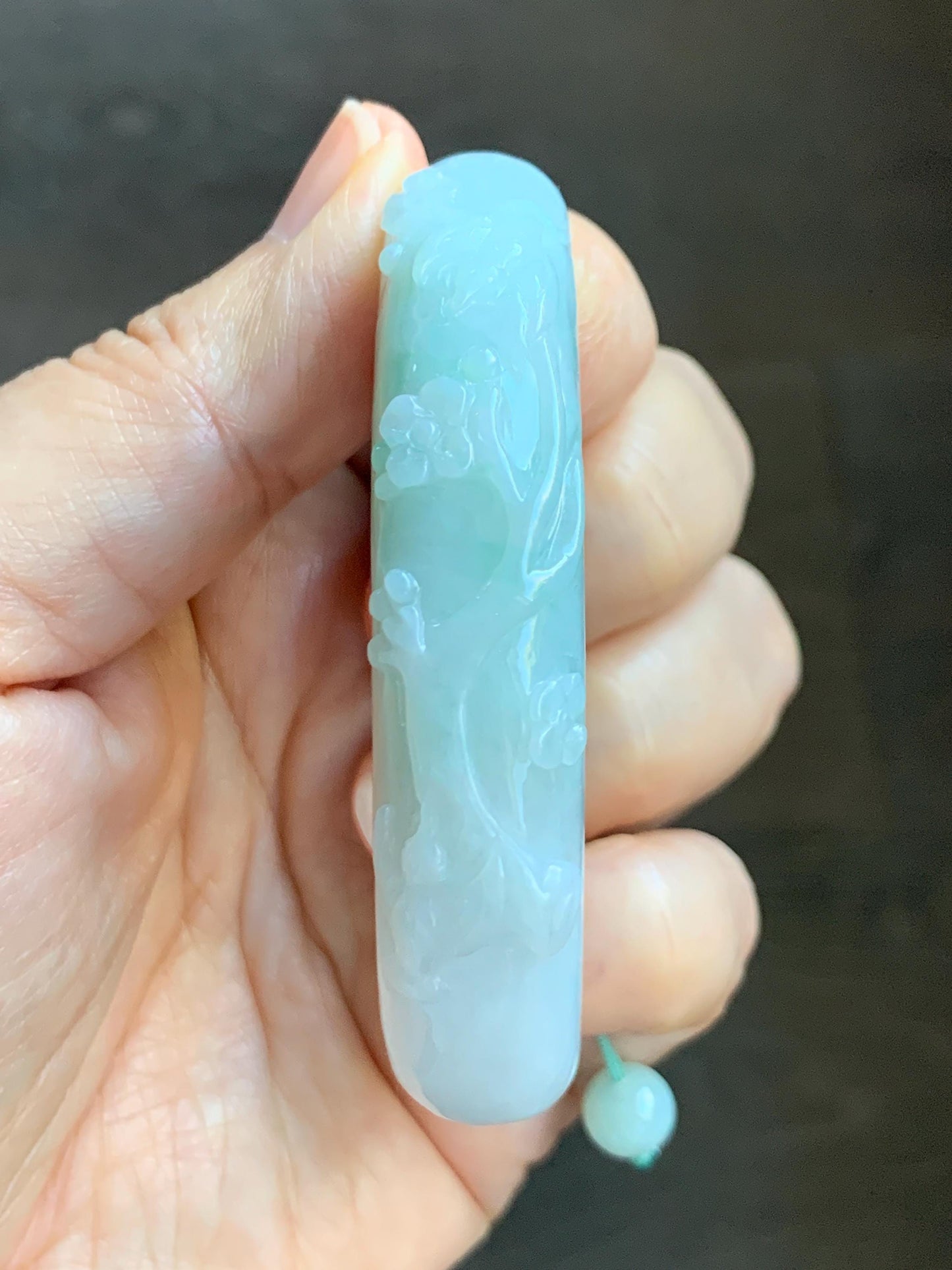Certified Natural Grade A Icy Translucent Pastel Green Marbled Jade Jadeite Carved Cuff & Beads Beaded Bracelet 6.5” 天然晴底细糯翡翠喜上眉梢半镯圆珠手串 3275