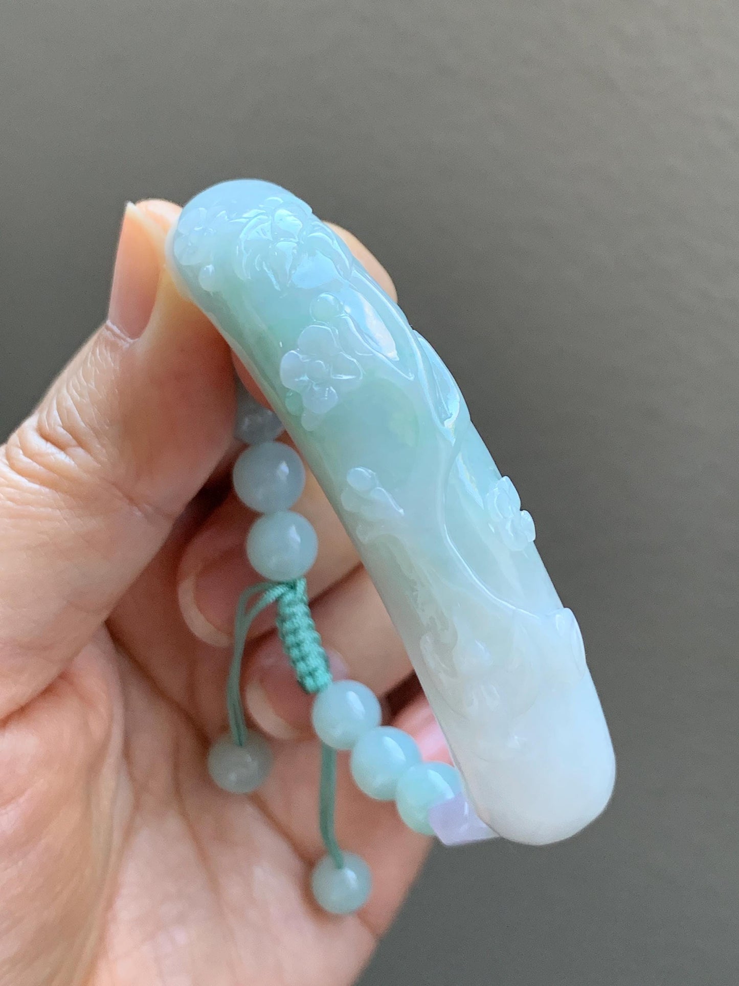 Certified Natural Grade A Icy Translucent Pastel Green Marbled Jade Jadeite Carved Cuff & Beads Beaded Bracelet 6.5” 天然晴底细糯翡翠喜上眉梢半镯圆珠手串 3275