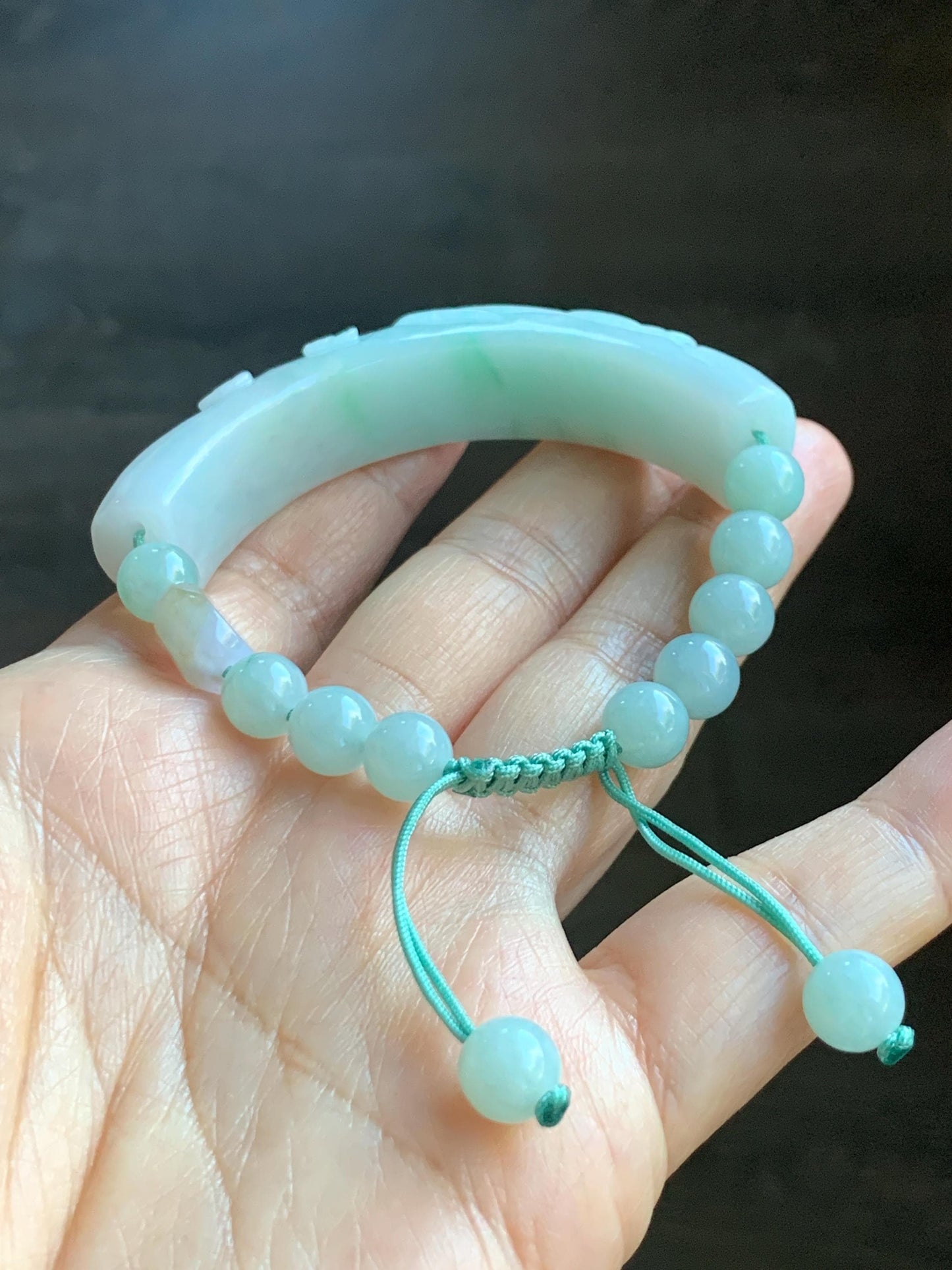 Certified Natural Grade A Icy Translucent Pastel Green Marbled Jade Jadeite Carved Cuff & Beads Beaded Bracelet 6.5” 天然晴底细糯翡翠喜上眉梢半镯圆珠手串 3275
