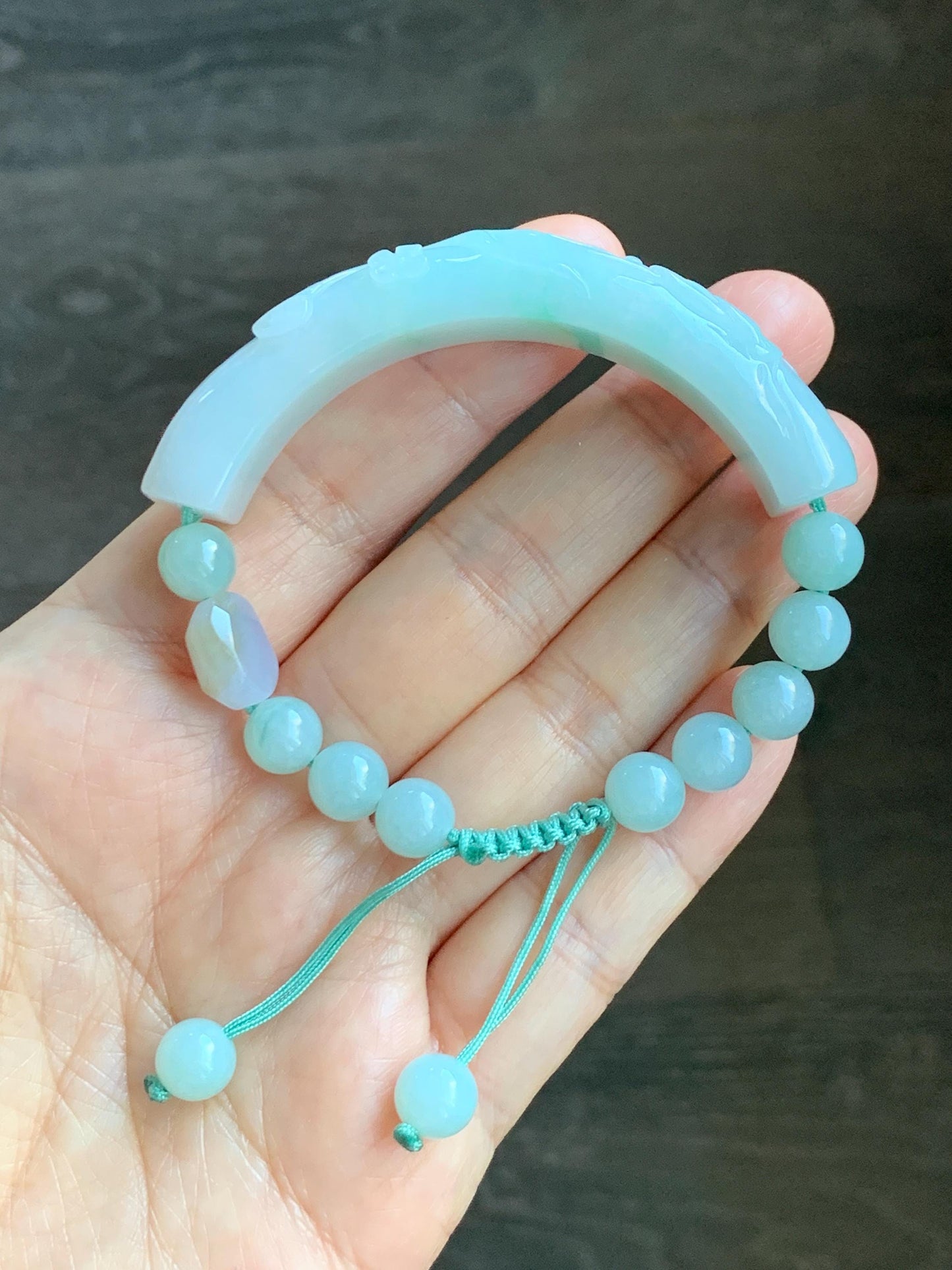 Certified Natural Grade A Icy Translucent Pastel Green Marbled Jade Jadeite Carved Cuff & Beads Beaded Bracelet 6.5” 天然晴底细糯翡翠喜上眉梢半镯圆珠手串 3275